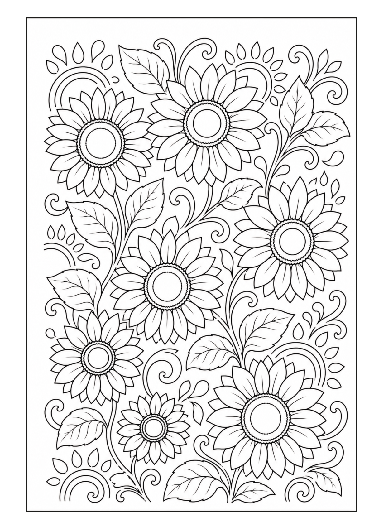 Vollflächiges Blumenmuster mit zahlreichen großen Blüten, Blättern und geschwungenen Ornamenten
