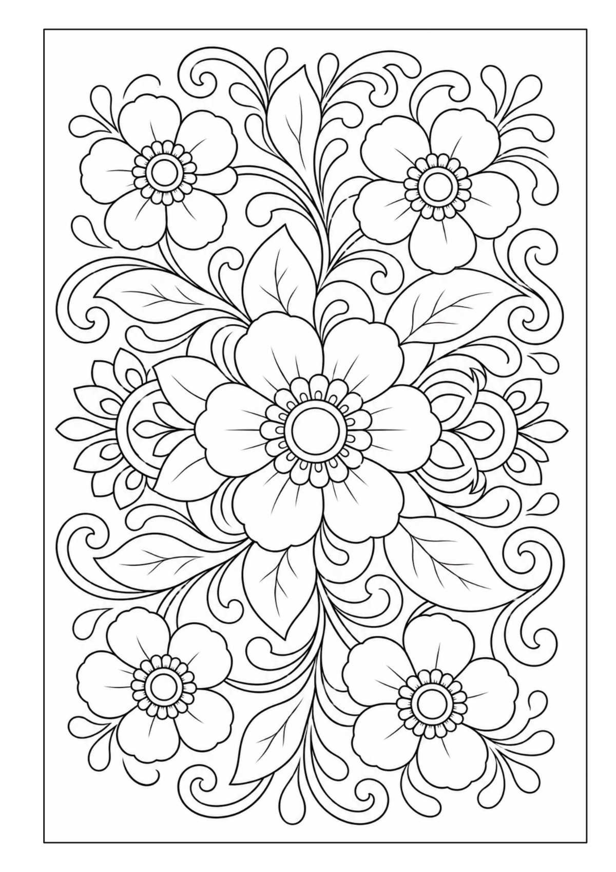 Florales Ornament mit großer zentraler Blüte, kleineren Blumen, Blättern und geschwungenen Linien