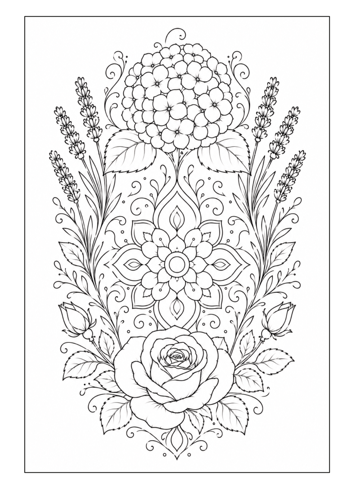 Florale Komposition mit Hortensie, Rose, Lavendelzweigen und ornamentaler Blüte