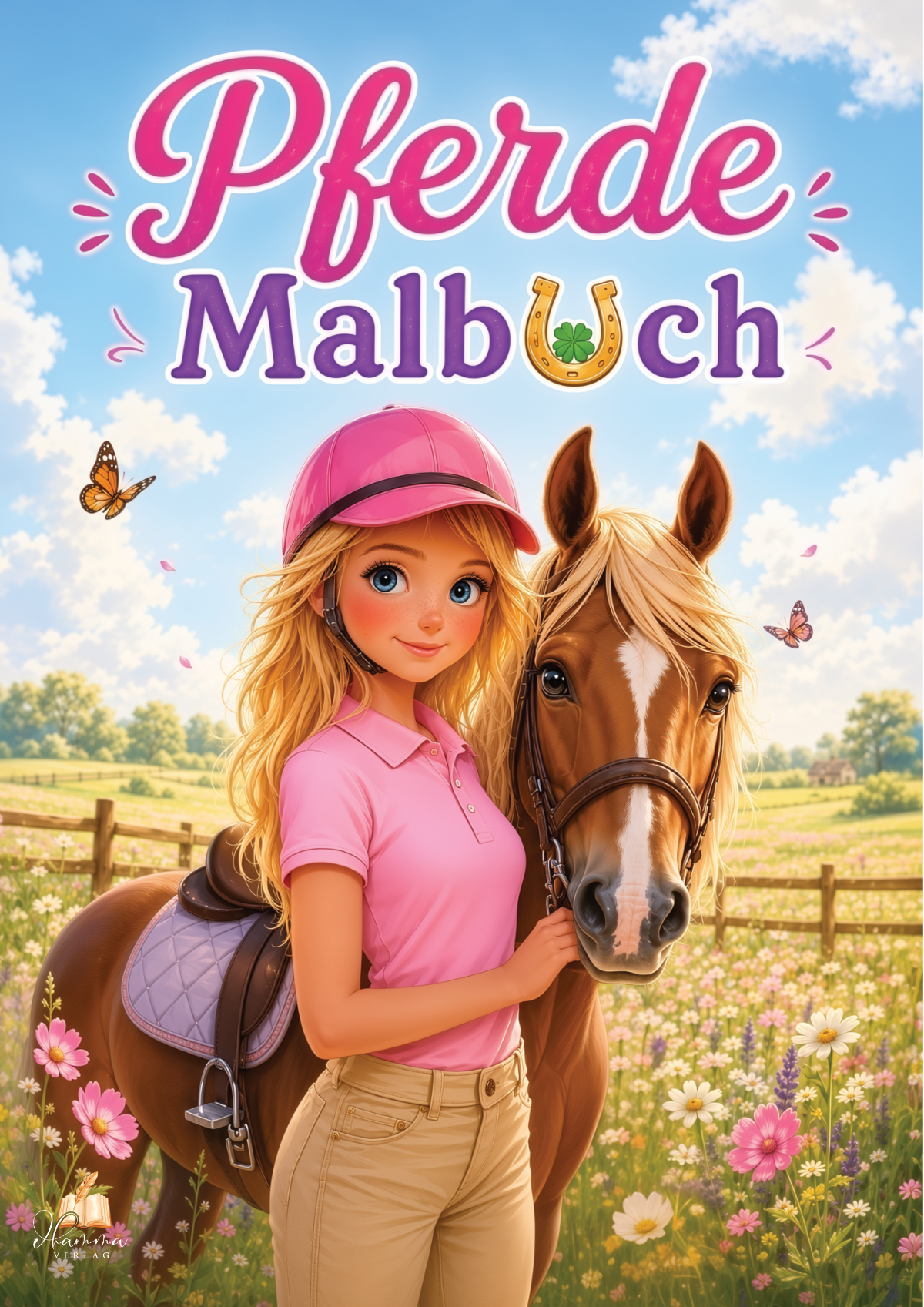 Cover mit Mädchen und gesatteltem Pferd auf einer Blumenwiese vor einer Koppel