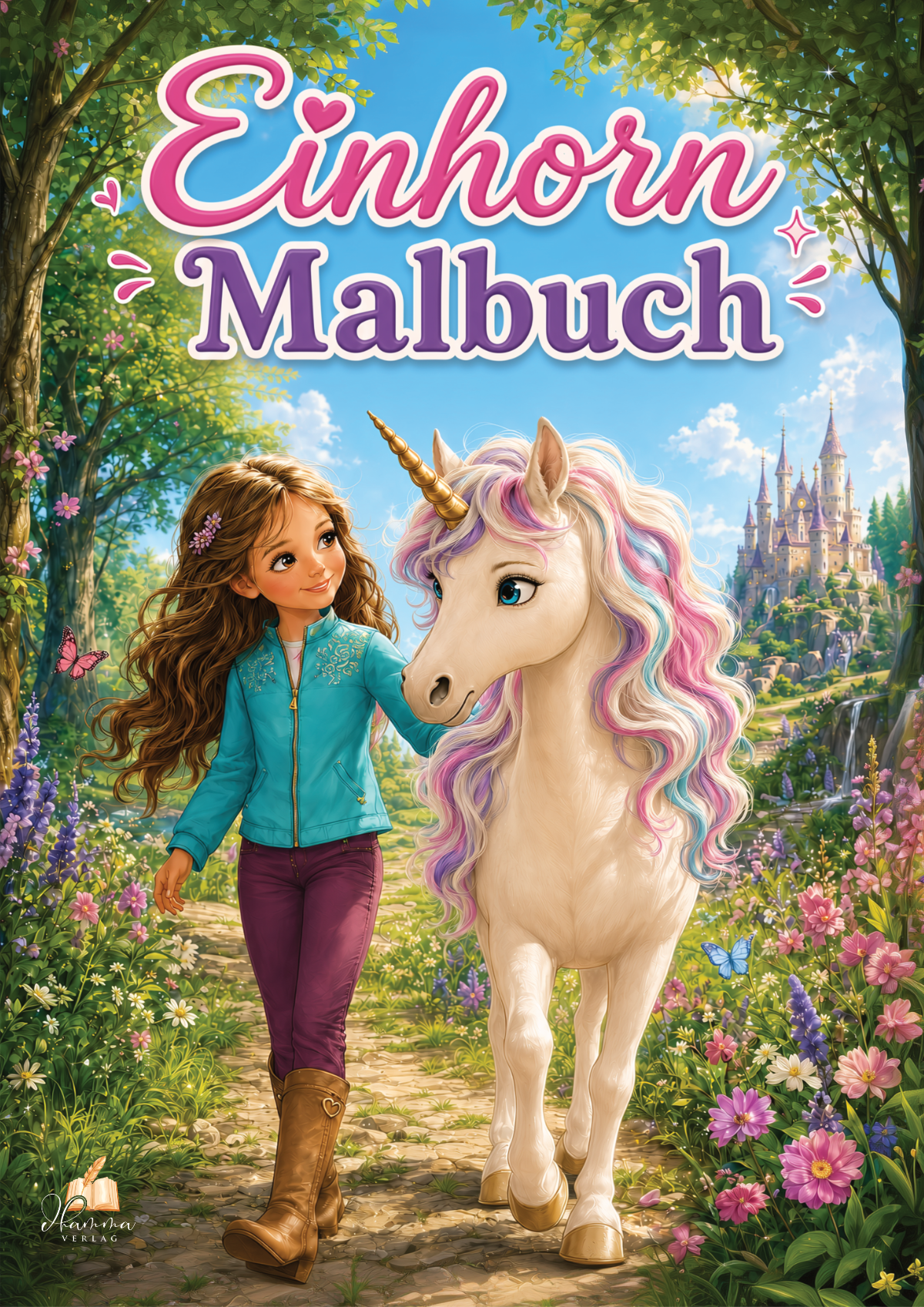 Cover mit Mädchen und Einhorn auf einem Blumenweg vor einem märchenhaften Schloss