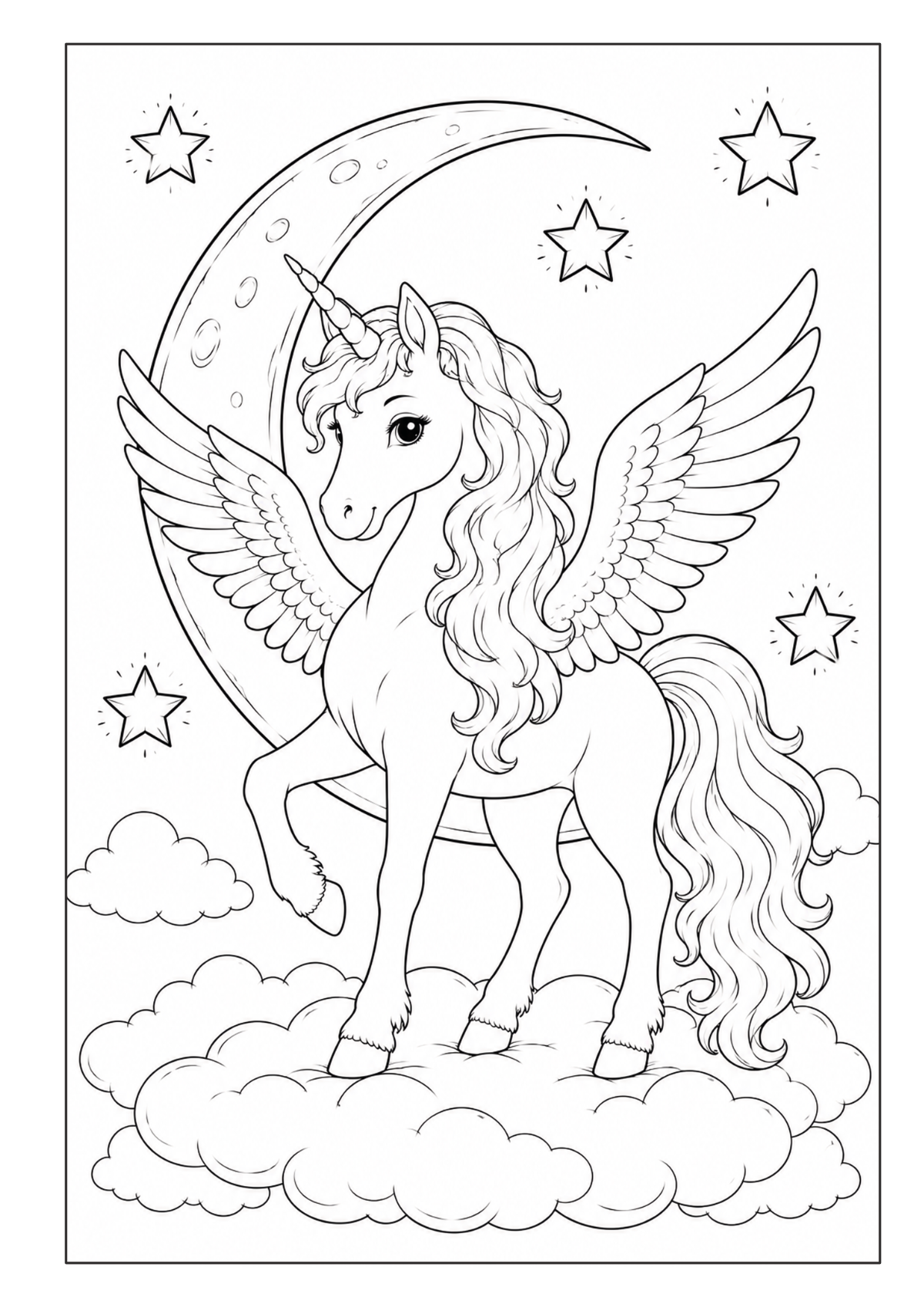Geflügeltes Einhorn auf einer Wolke vor Mondsichel und Sternen