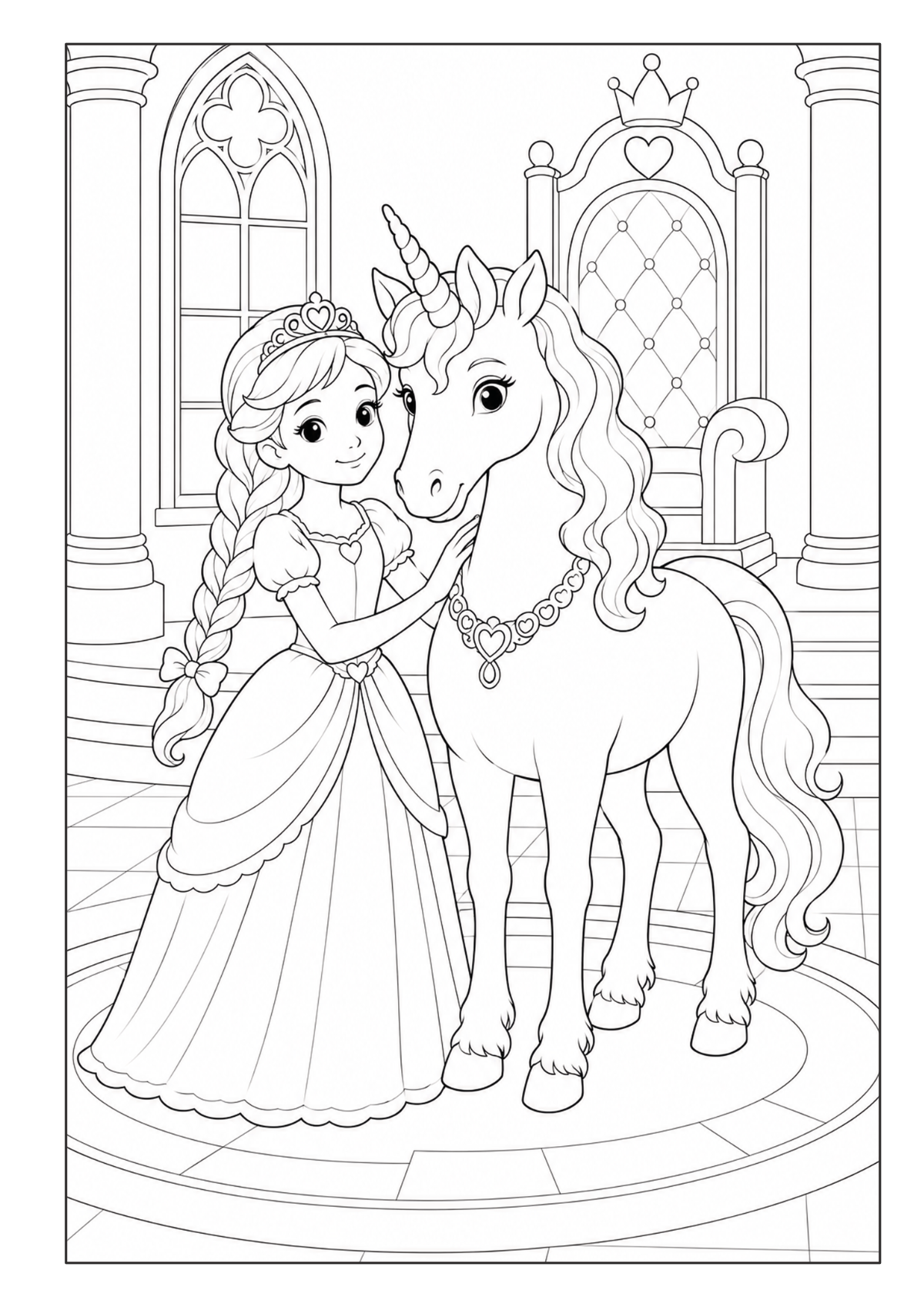 Prinzessin mit Einhorn in einem Schlossraum mit Thron