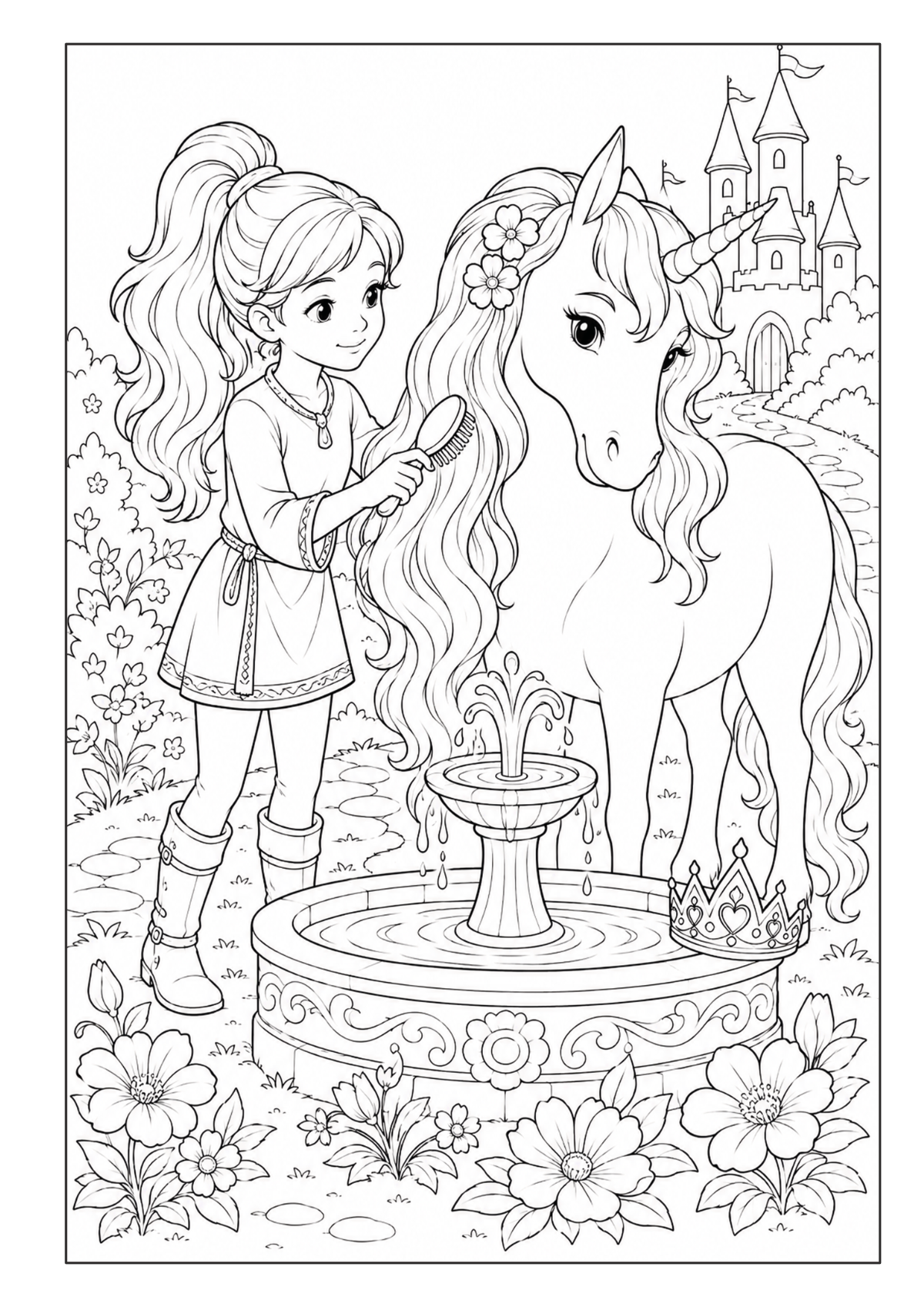 Mädchen mit Einhorn an einem verzierten Brunnen vor einem Schloss