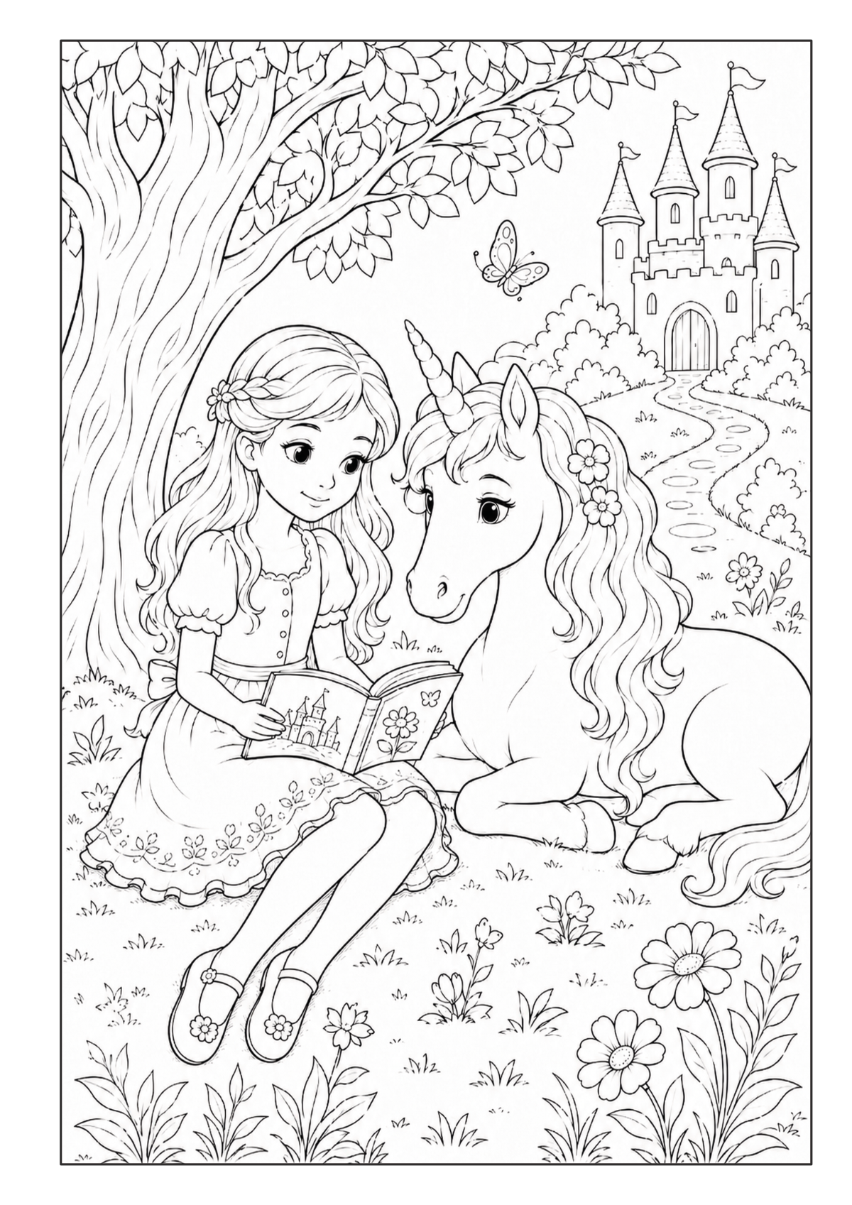 Mädchen sitzt mit einem Einhorn unter einem großen Baum vor einem Schloss