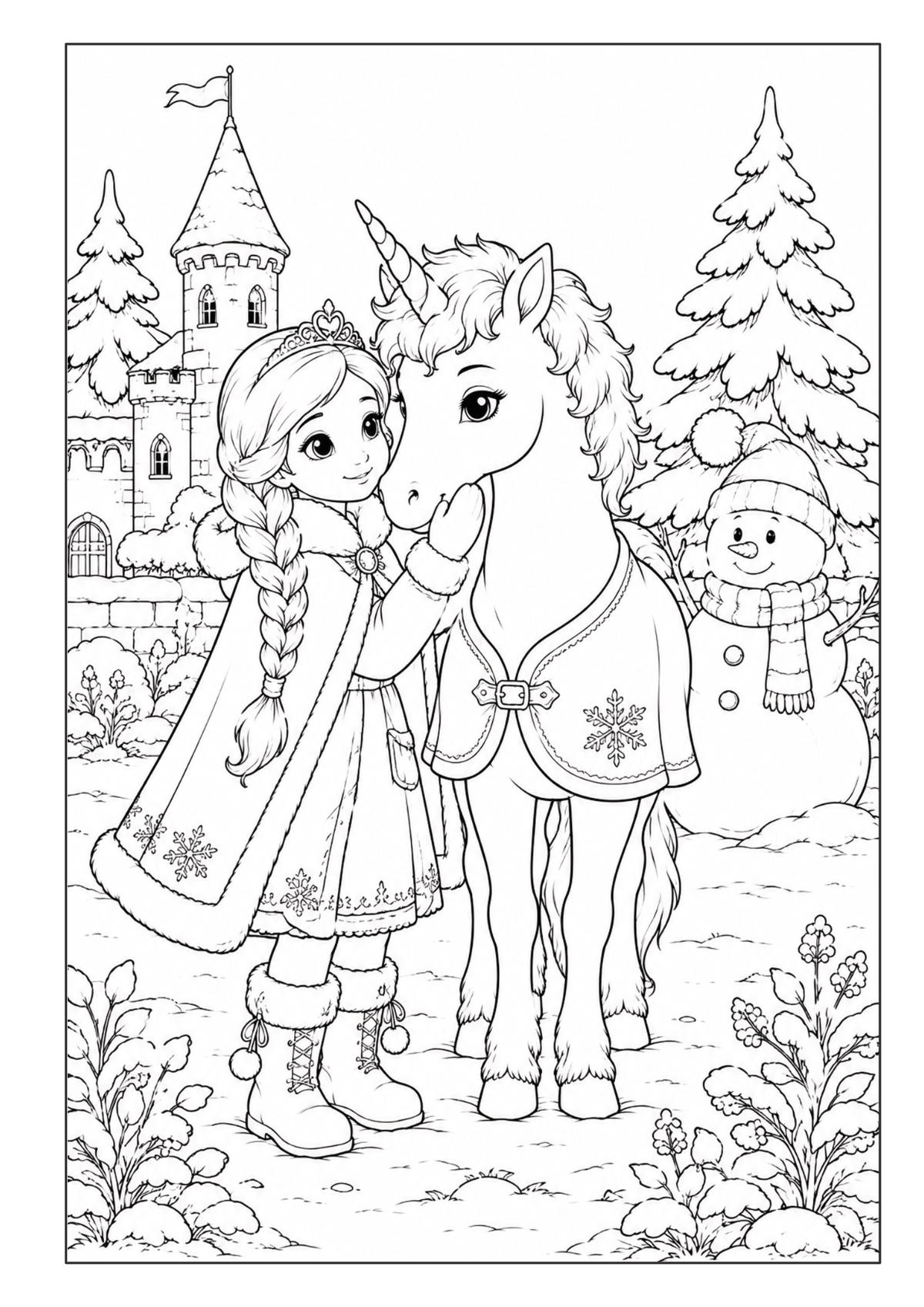 Mädchen mit Einhorn in einer winterlichen Landschaft vor einem Schloss und Schneemann