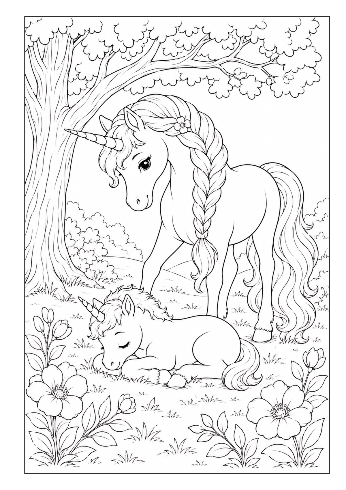 Einhorn mit schlafendem Einhornfohlen unter einem Baum zwischen Blumen