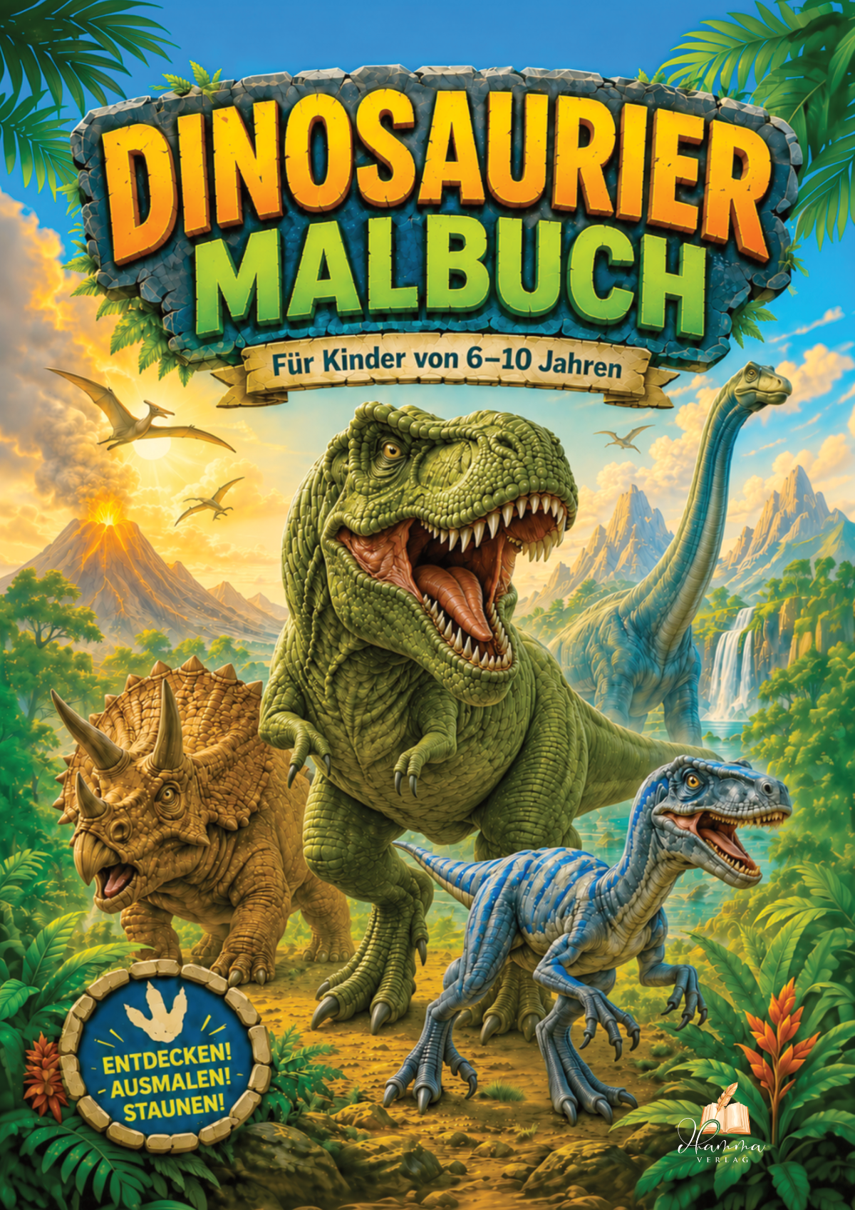 Cover mit Tyrannosaurus rex, Triceratops und weiteren Dinosauriern in einer farbenfrohen Urzeitlandschaft