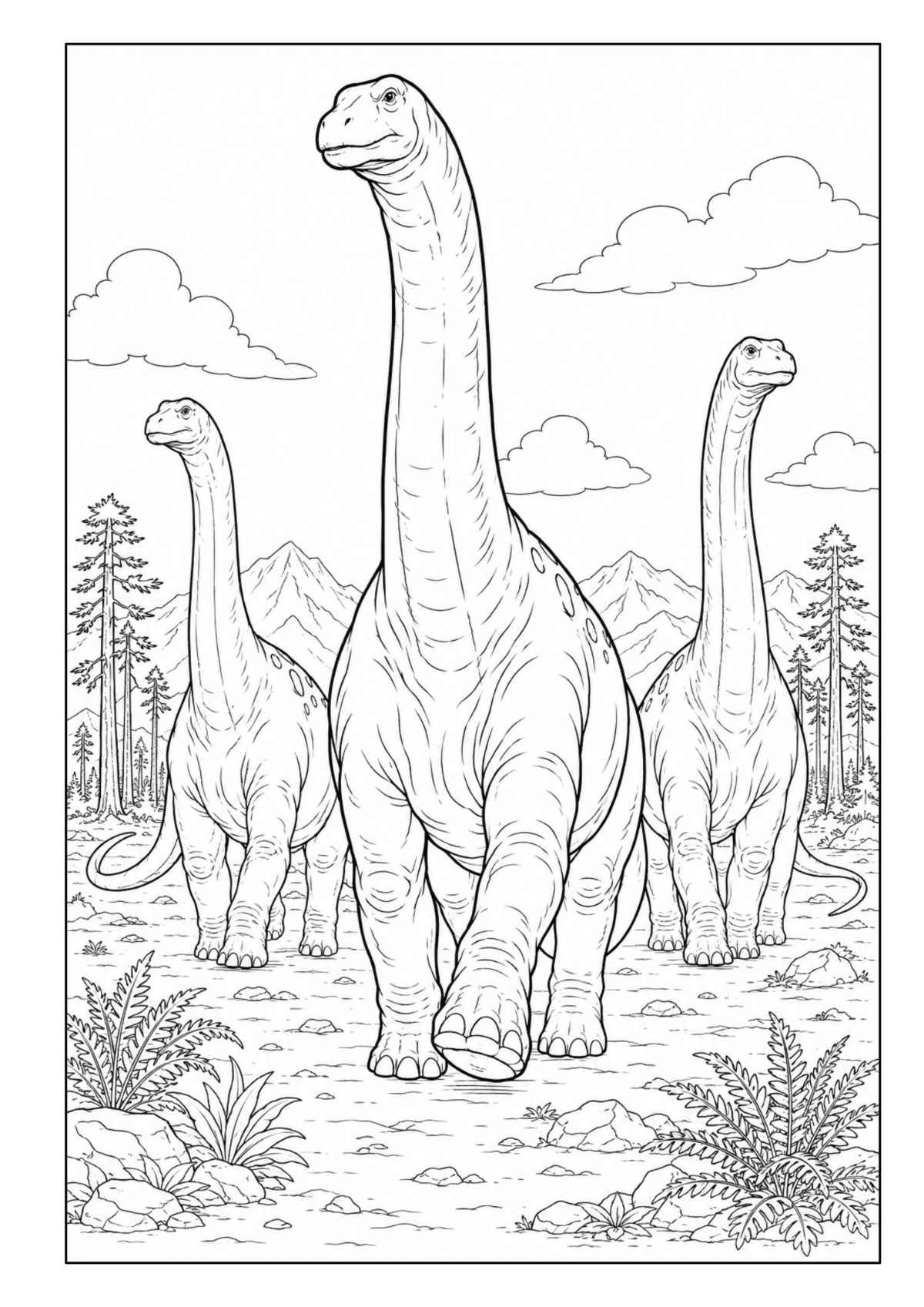 Drei langhalsige Dinosaurier in einer weitläufigen Urzeitlandschaft mit Bergen und Pflanzen