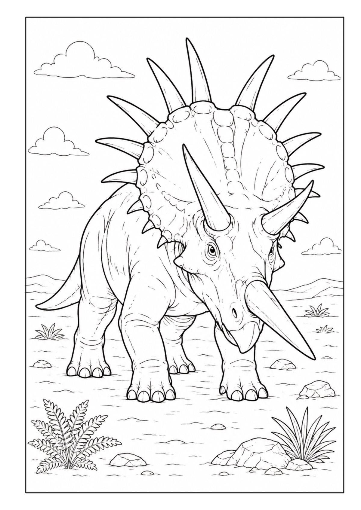 Triceratops mit großen Hörnern in einer offenen Urzeitlandschaft