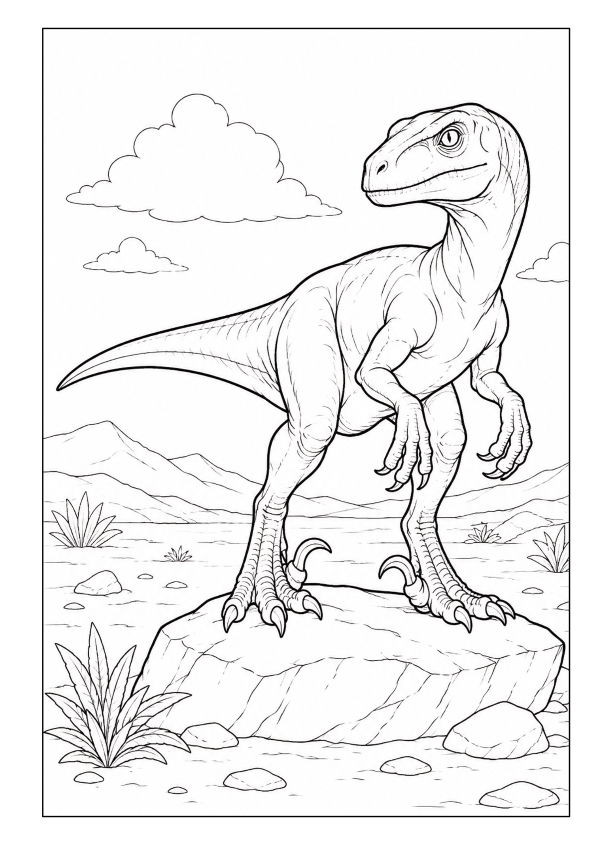 Aufrecht stehender zweibeiniger Dinosaurier auf einem Felsen in einer Urzeitlandschaft