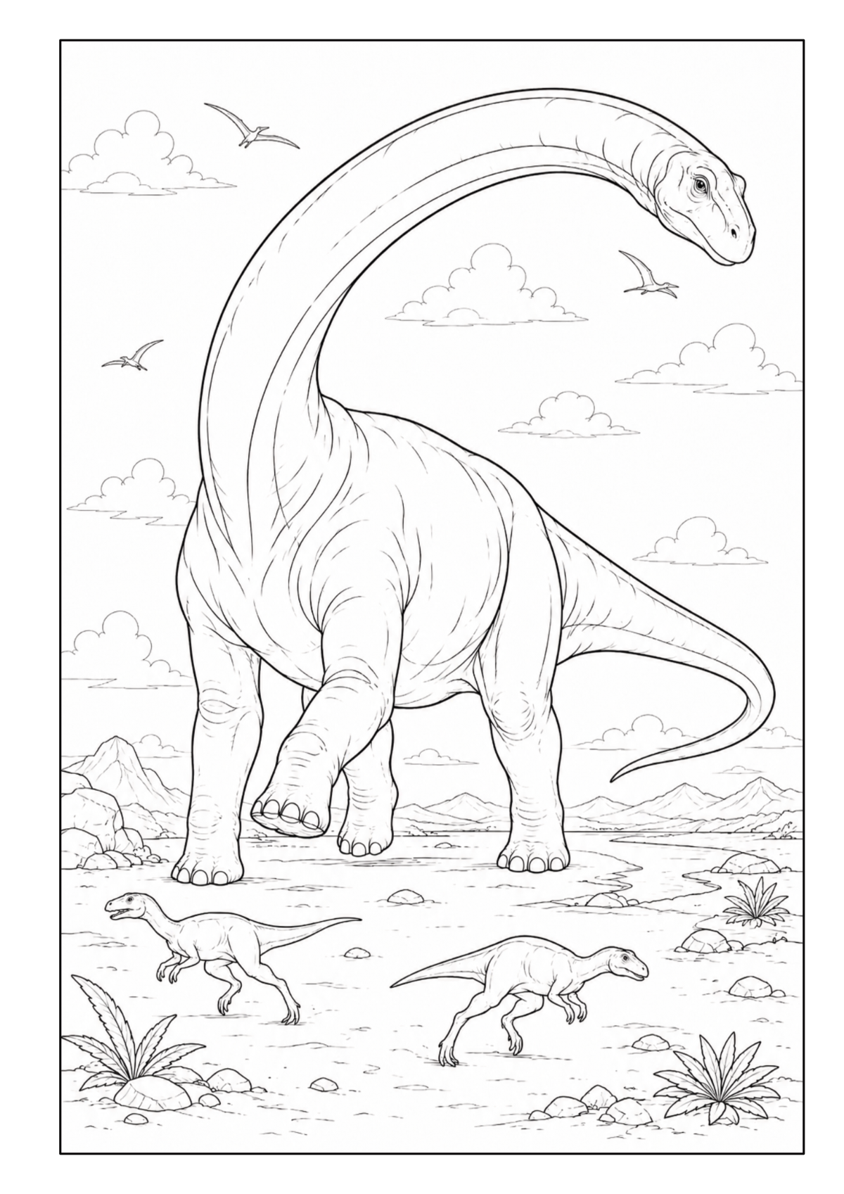 Großer langhalsiger Dinosaurier mit weiteren Dinosauriern in einer weiten Landschaft