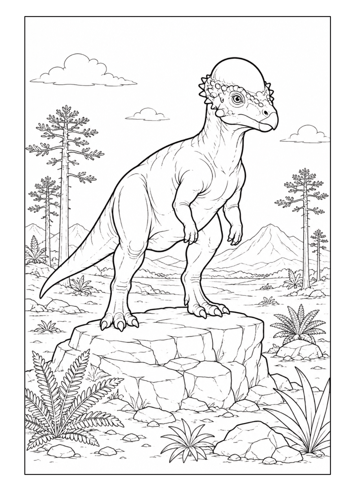 Dinosaurier mit kurzem Kopfkamm auf einem Felsen zwischen Farnen und Bäumen