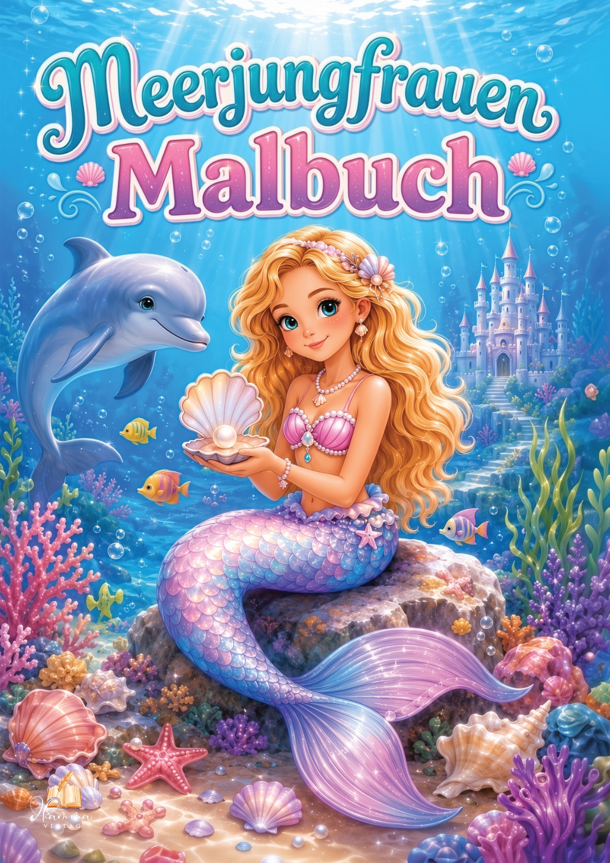 Cover mit Meerjungfrau, Delfin, geöffneter Muschel mit Perle und Unterwasserschloss zwischen Korallen