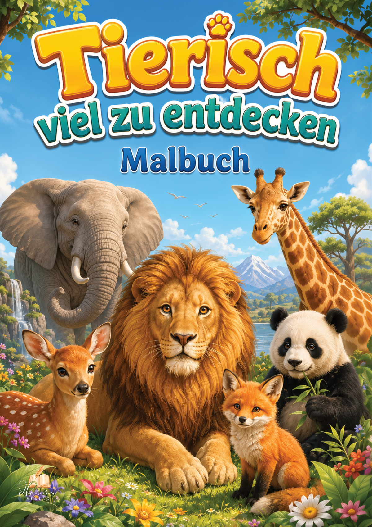 Cover mit Löwe, Elefant, Giraffe, Panda, Reh und Fuchs in einer farbenfrohen Tierlandschaft