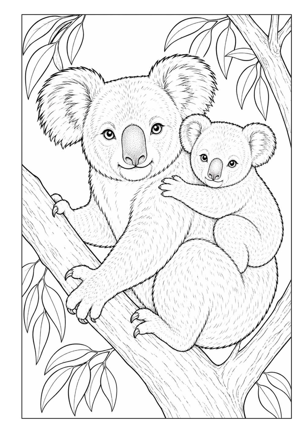 Koala mit Jungtier auf einem Ast zwischen Blättern
