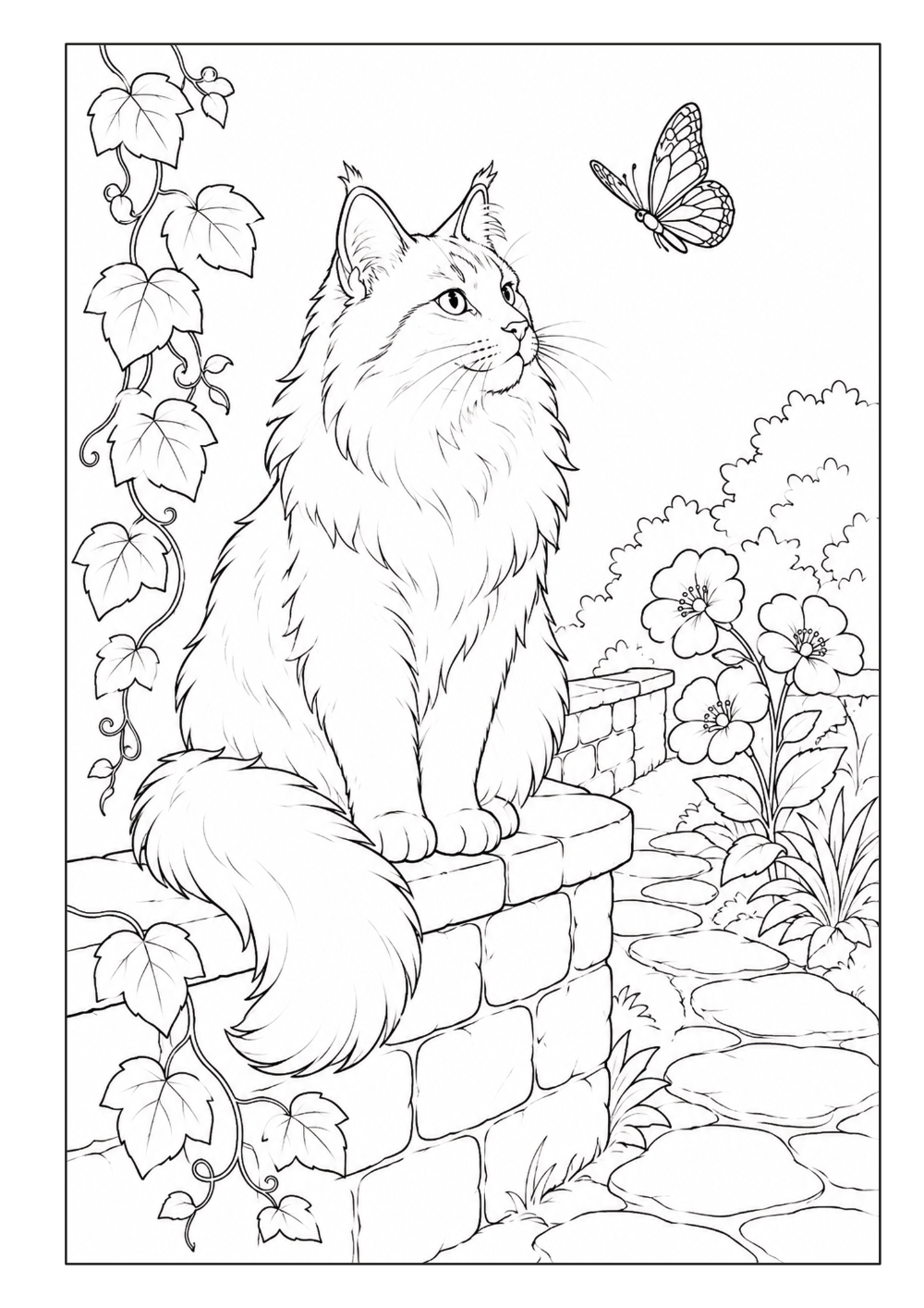 Langhaarige Katze auf einer Steinmauer mit Schmetterling und Gartenpflanzen
