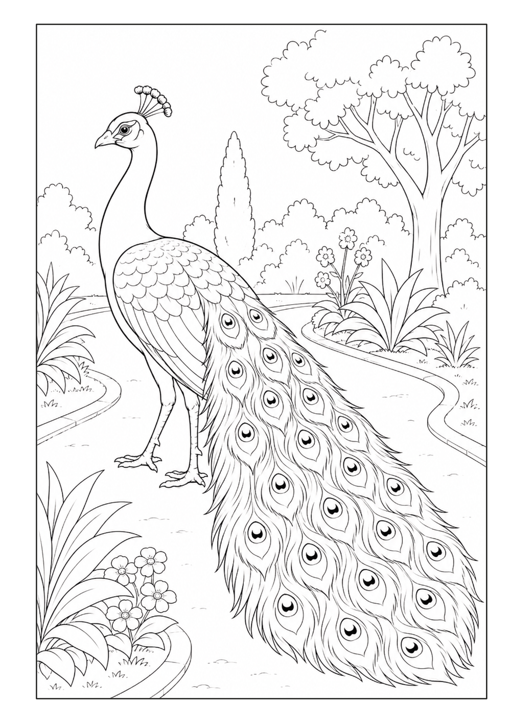 Pfau mit langem Federschweif in einer Gartenlandschaft