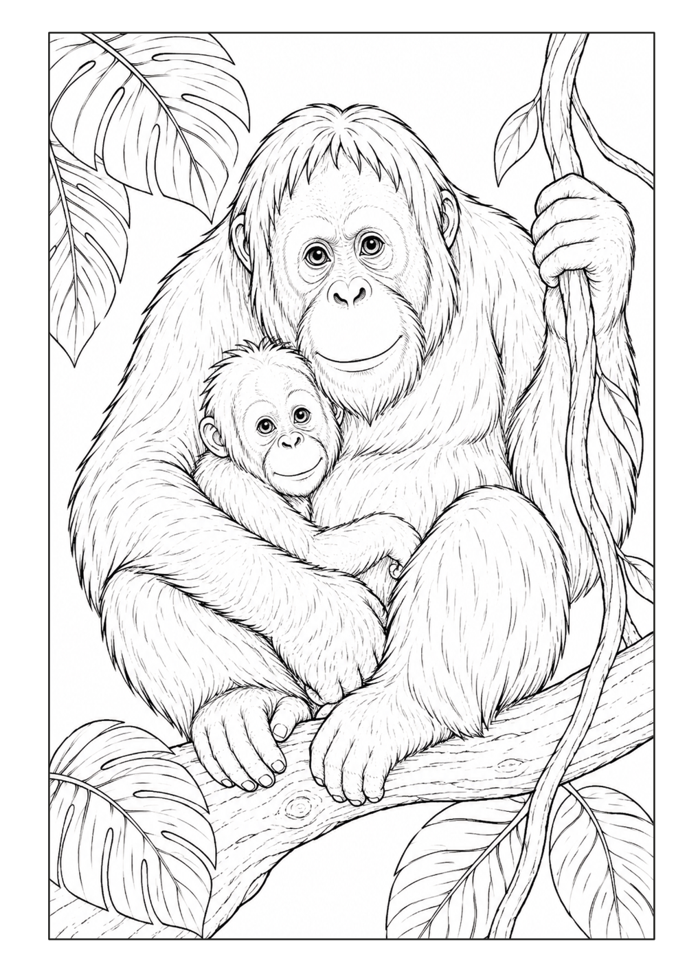 Orang-Utan mit Jungtier auf einem Ast zwischen tropischen Blättern