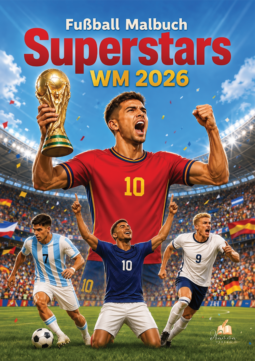 Cover mit mehreren Fußballspielern in einem Stadion und goldenem Pokal unter dem Titel „Superstars WM 2026“