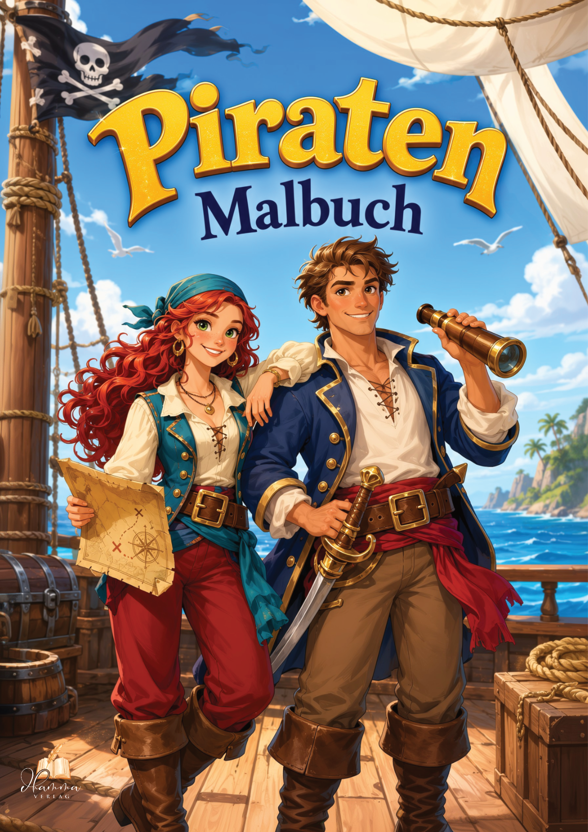 Cover mit Piratin und Pirat auf dem Deck eines Piratenschiffs vor tropischer Küste