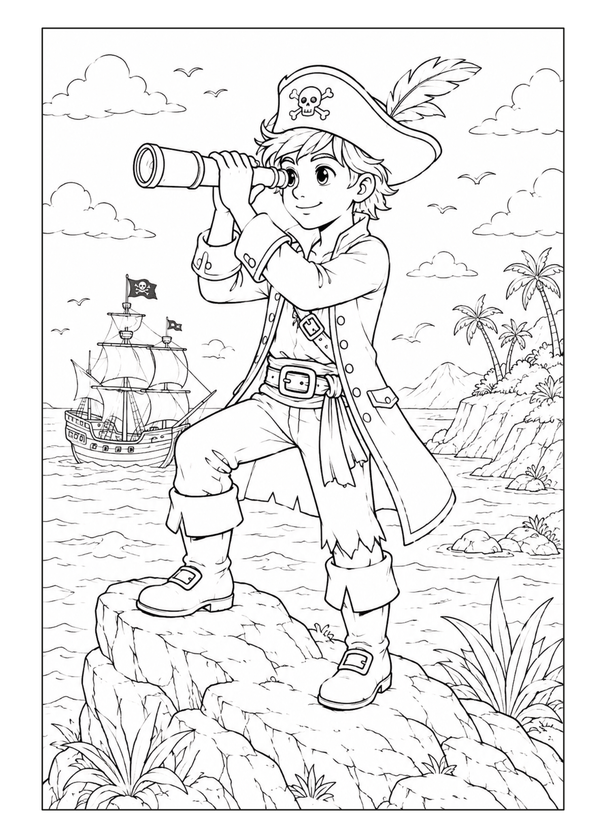 Junger Pirat mit Fernrohr auf einem Felsen, während ein Piratenschiff vor der Küste segelt