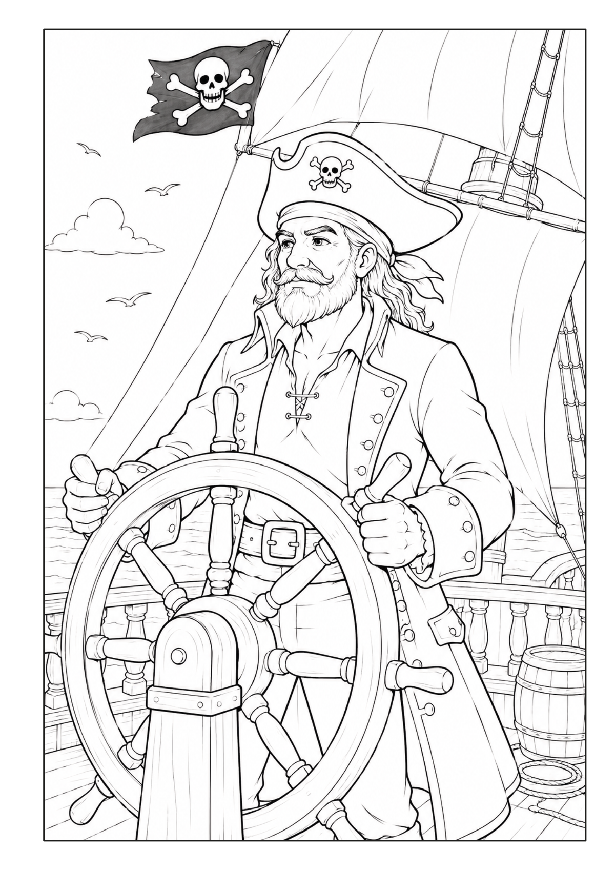 Bärtiger Pirat am Steuerrad eines Piratenschiffs