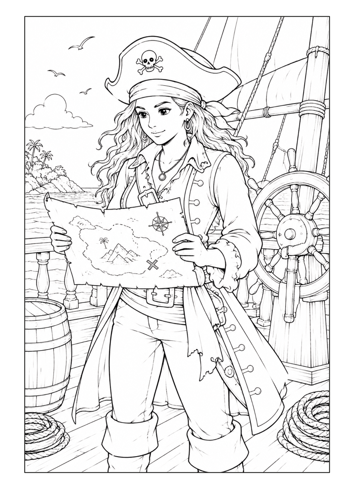 Piratin mit Schatzkarte auf dem Deck eines Piratenschiffs
