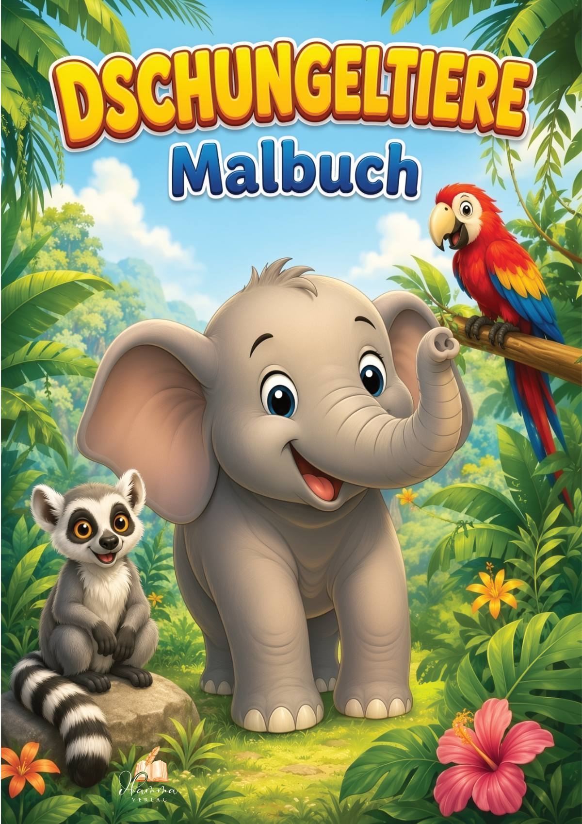 Cover mit Elefantenkind, Katta und Papagei in einer farbenfrohen Dschungellandschaft