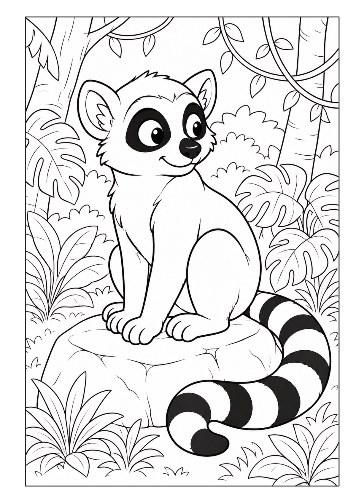 Lemur mit langem gestreiftem Schwanz auf einem Felsen zwischen tropischen Pflanzen