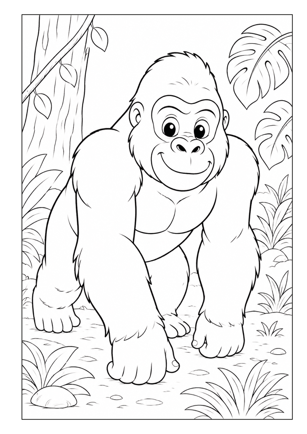 Gorilla zwischen Baumstämmen und tropischen Pflanzen