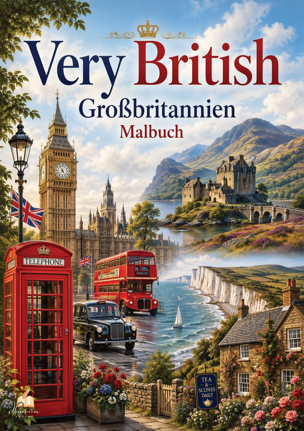 Cover mit Big Ben, roter Telefonzelle, Doppeldeckerbus, schwarzem Taxi, britischem Cottage, Burg und weißen Küstenklippen
