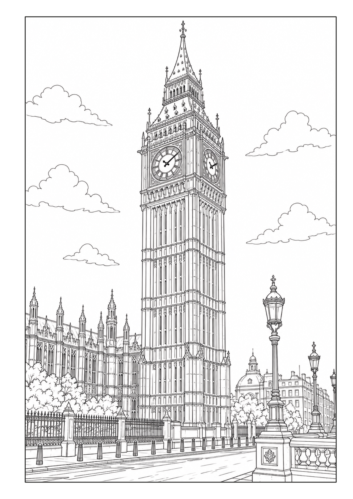 Big Ben und das Palace of Westminster in London mit Straßenlaternen im Vordergrund
