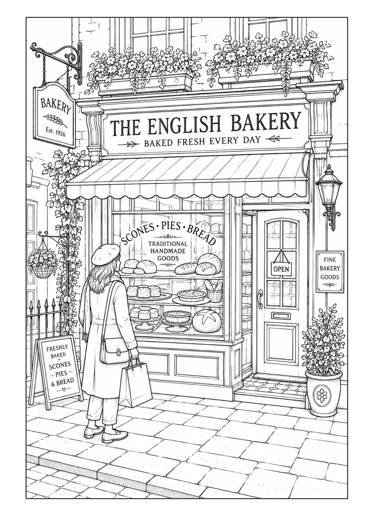 Traditionelle englische Bäckerei mit Schaufenster, Backwaren und einer Kundin vor dem Geschäft