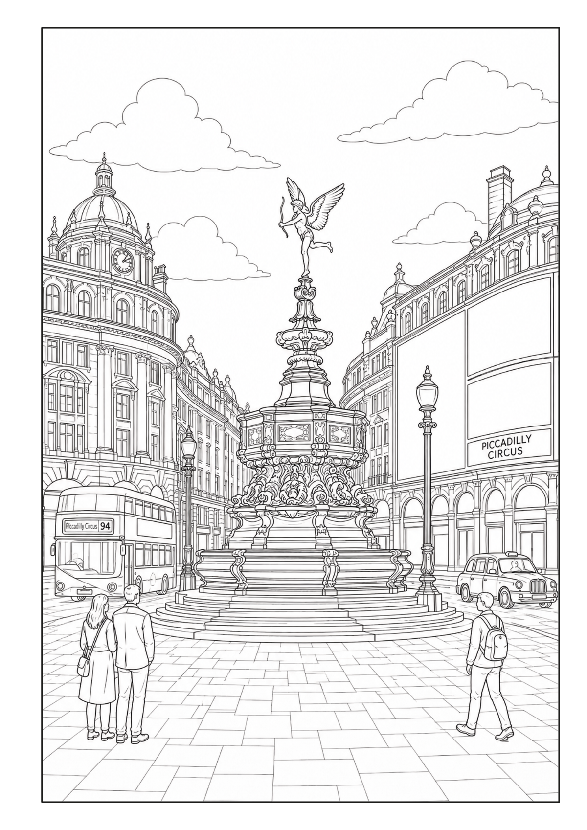 Piccadilly Circus in London mit dem Eros-Brunnen, historischen Gebäuden und Passanten