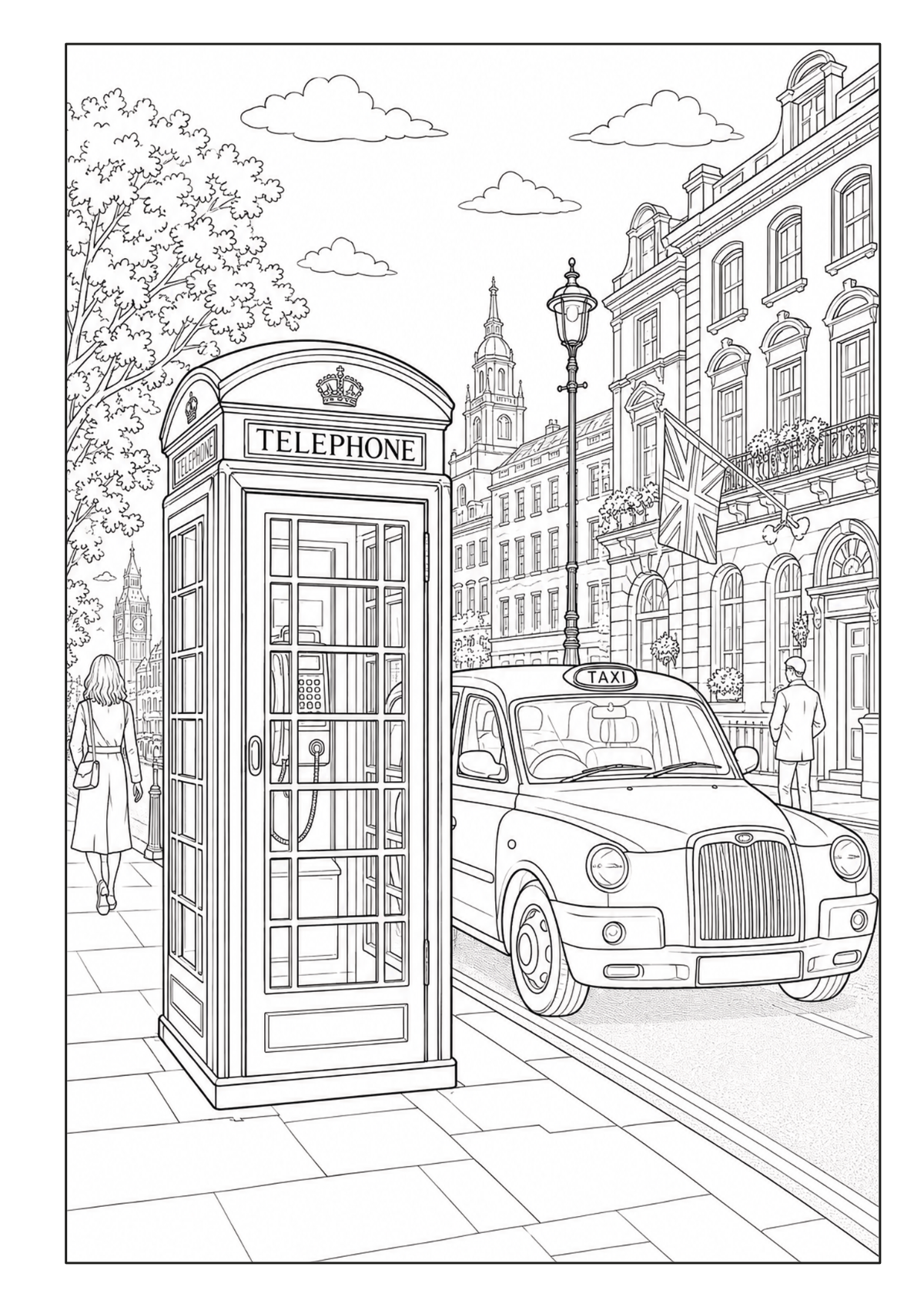 Britische Telefonzelle und schwarzes Taxi in einer Londoner Straßenszene