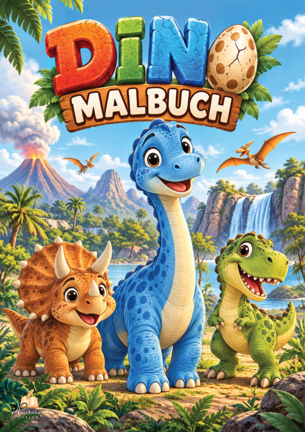 Cover des Dino Malbuchs für Kinder ab 4 Jahren mit mehreren freundlich gestalteten Dinosauriern in einer farbenfrohen Urzeitlandschaft.