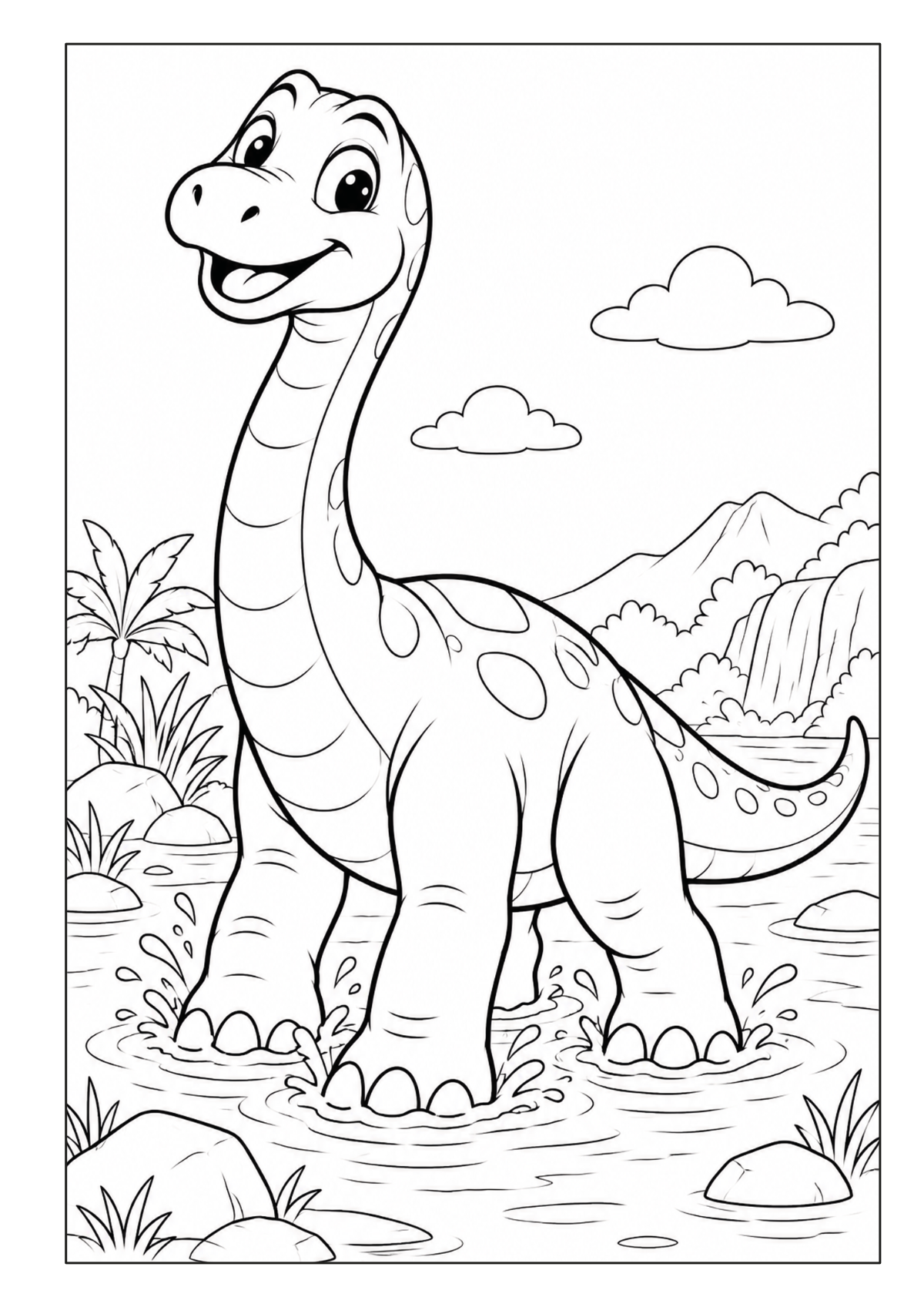 Ausmalbild mit einem freundlichen Langhals-Dinosaurier in einer Urzeitlandschaft mit Bergen, Pflanzen und Wolken.