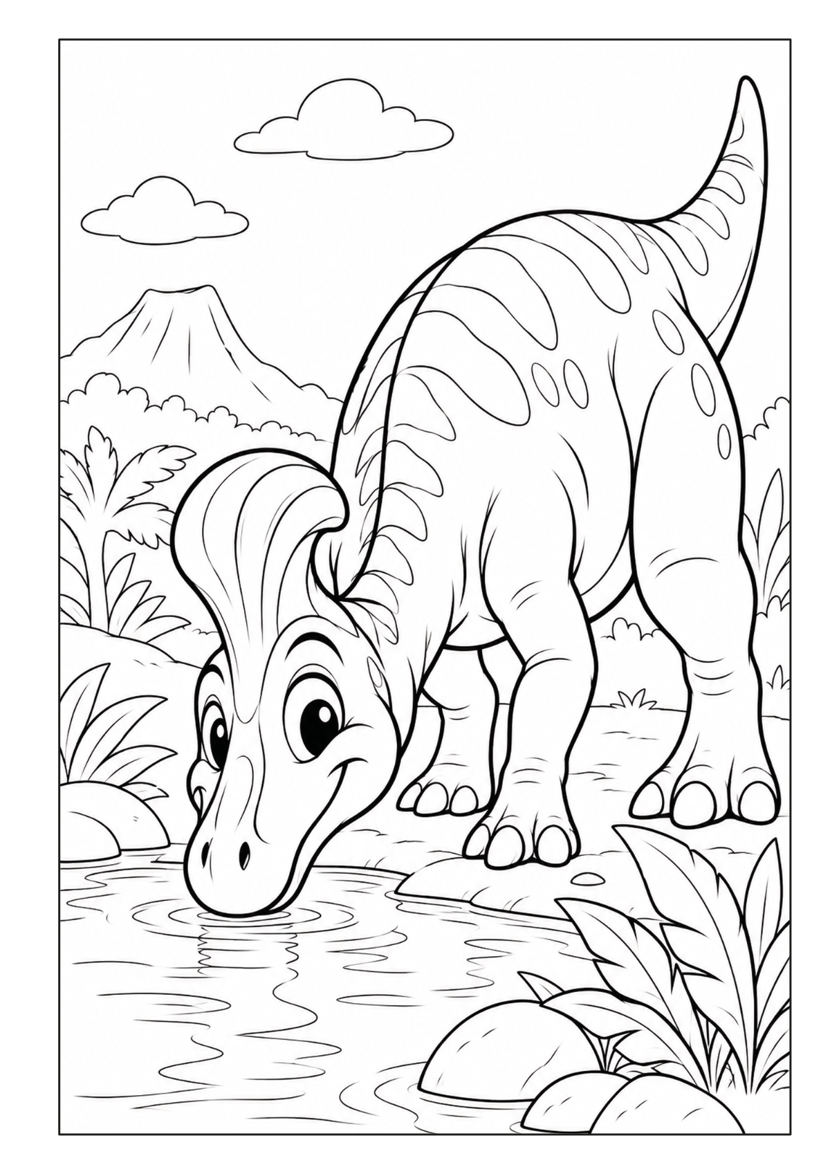 Ausmalbild mit einem Dinosaurier mit langem Kopfkamm zwischen Pflanzen, Felsen und Bergen.