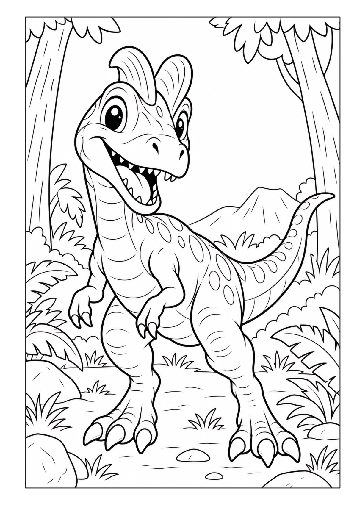Ausmalbild mit einem kleinen zweibeinigen Dinosaurier in einer bewaldeten Urzeitlandschaft.