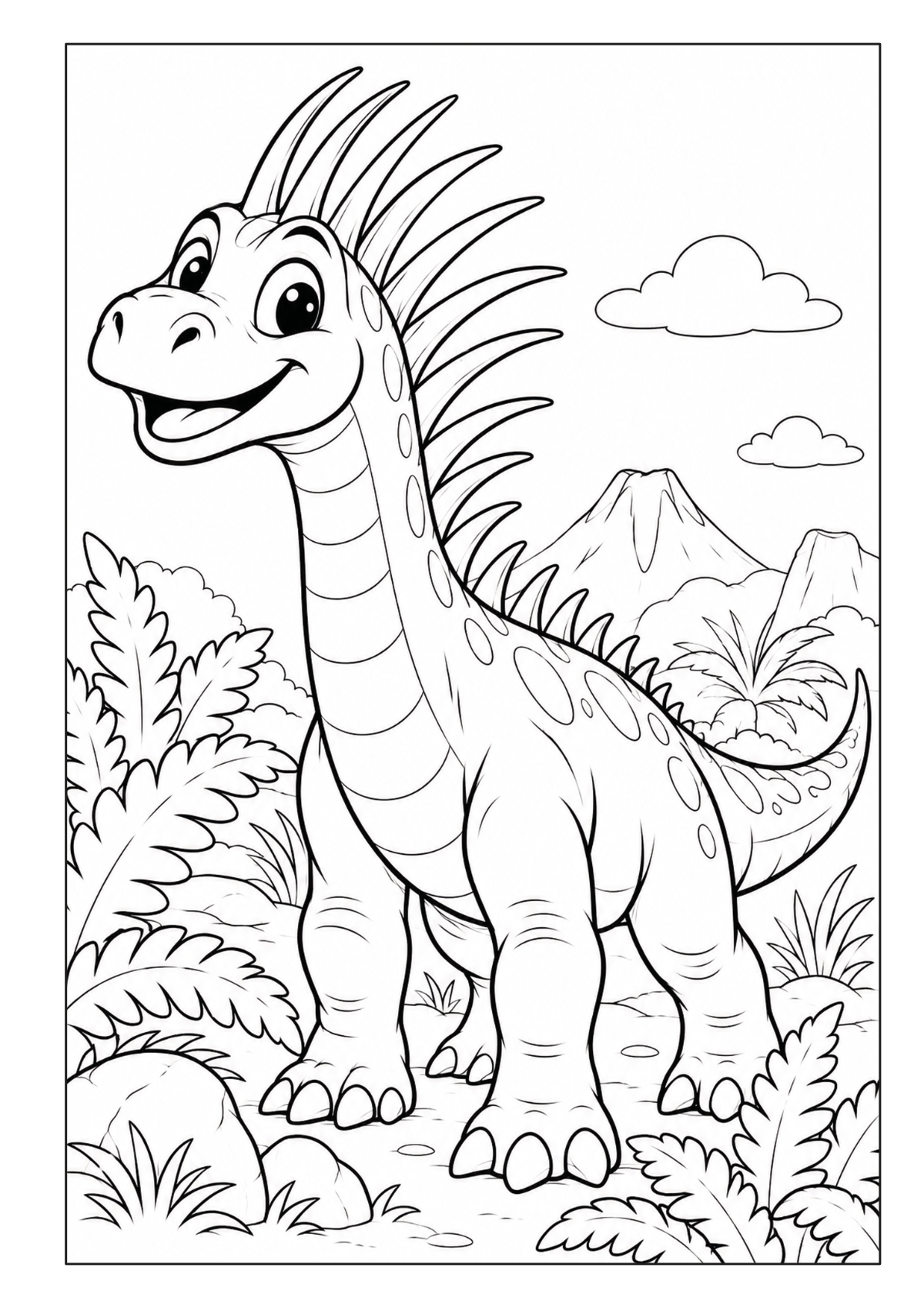 Ausmalbild mit einem Langhals-Dinosaurier mit auffälligen Stacheln entlang von Hals und Rücken.