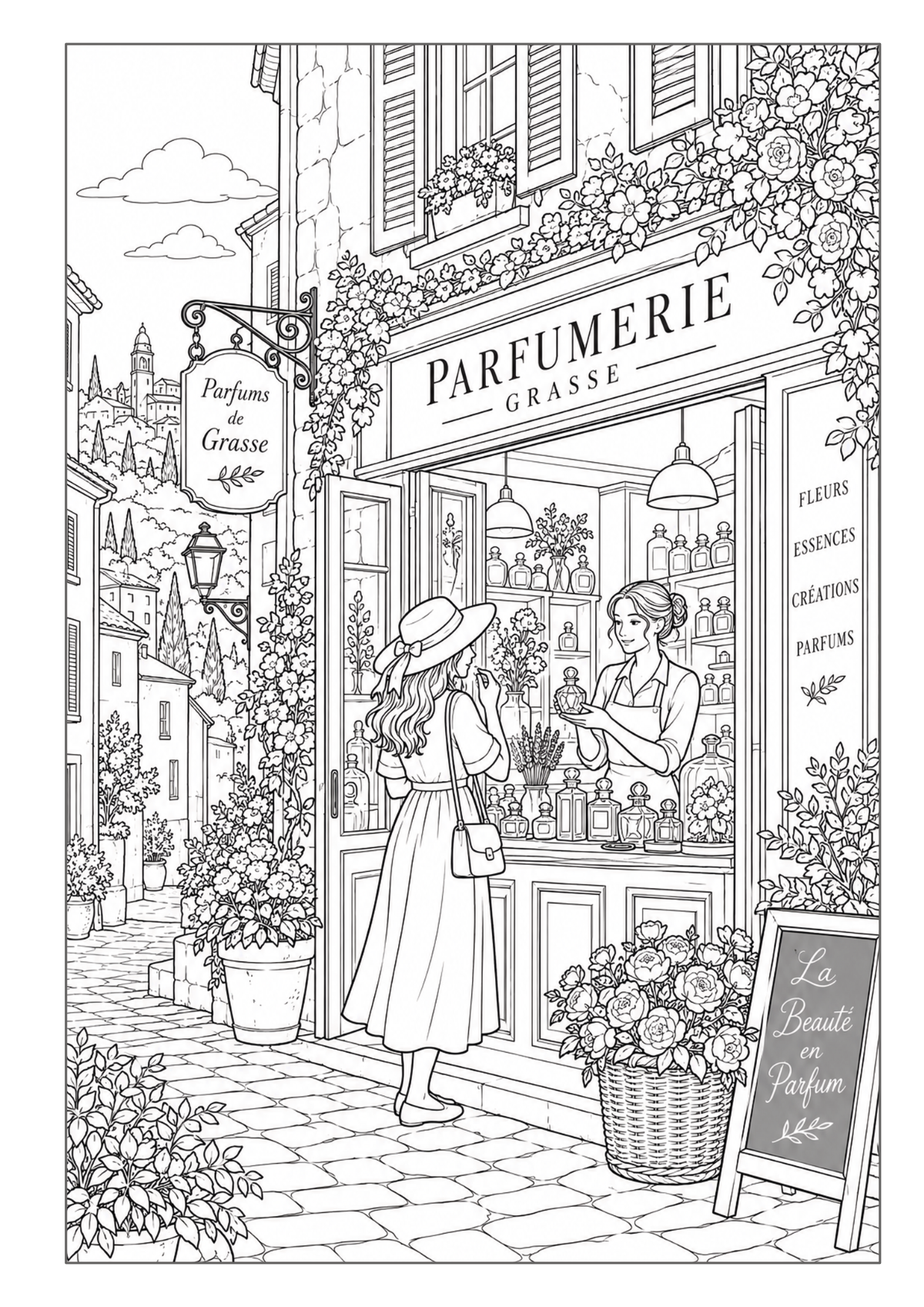 Französische Parfümerie mit Kundin vor einem blumengeschmückten Geschäft