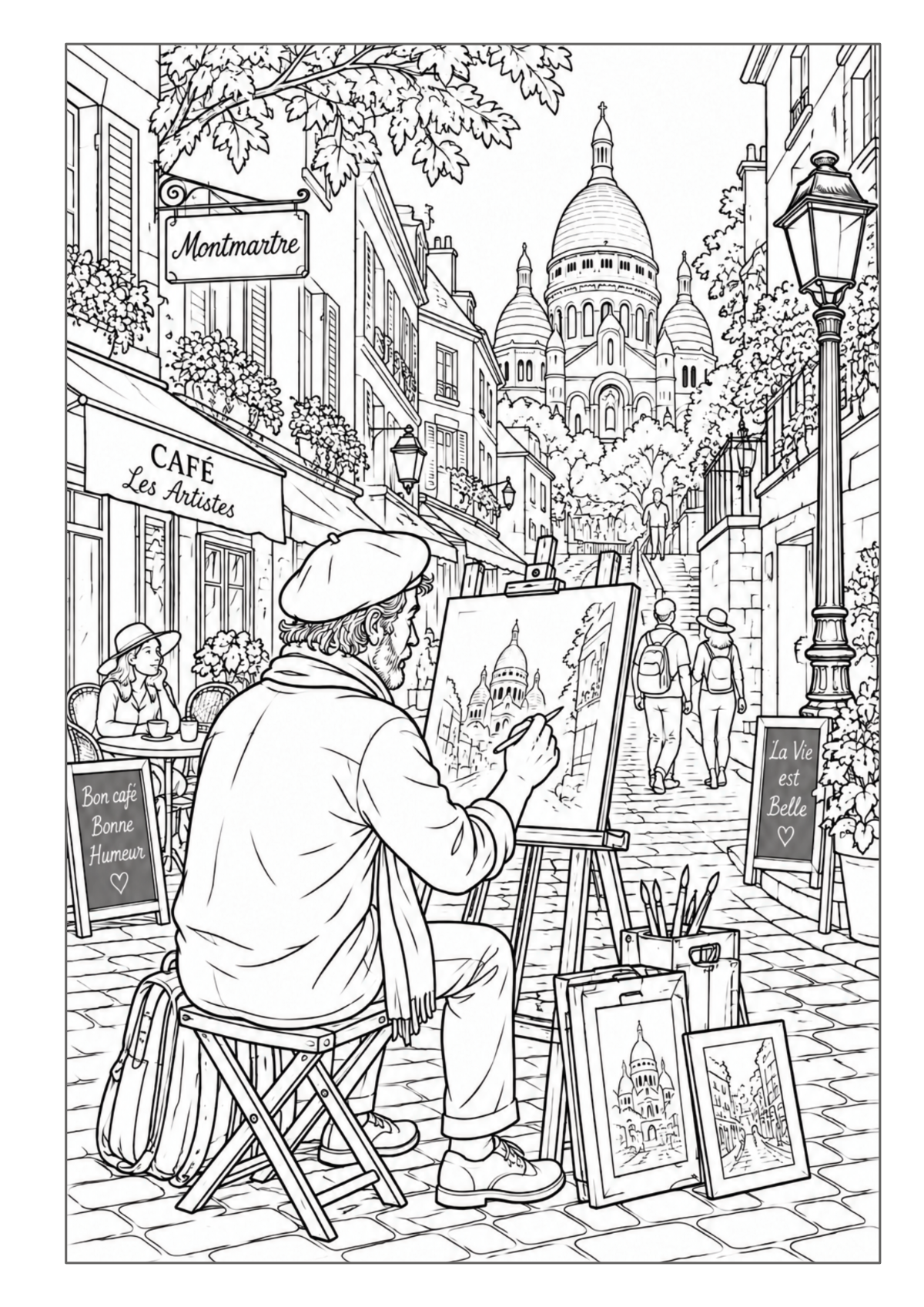 Straßenmaler in Montmartre mit Sacré-Cœur und Pariser Café im Hintergrund