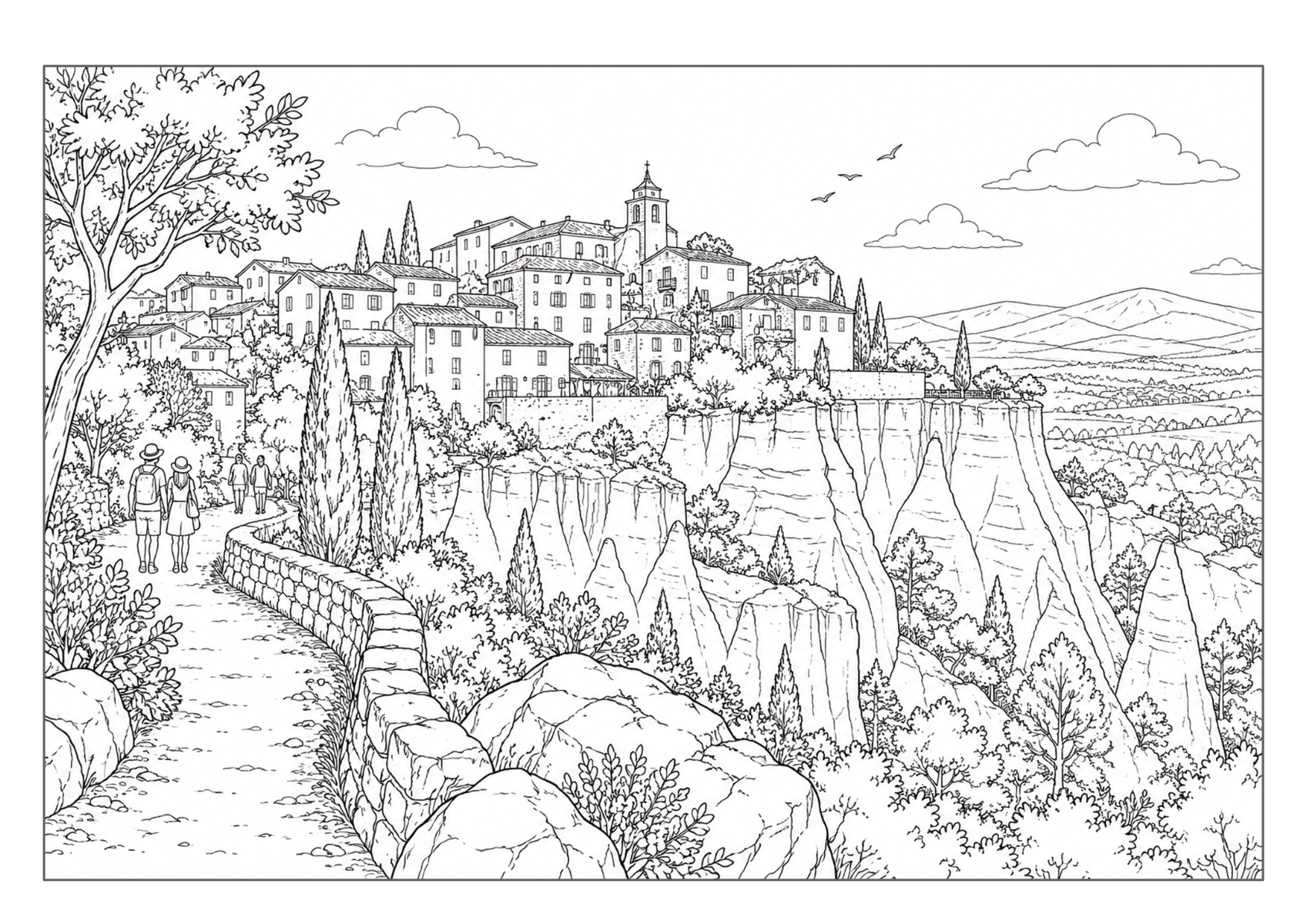 Französische Landschaft mit Weinbergen, Zypressen und einem historischen Dorf auf einem Hügel