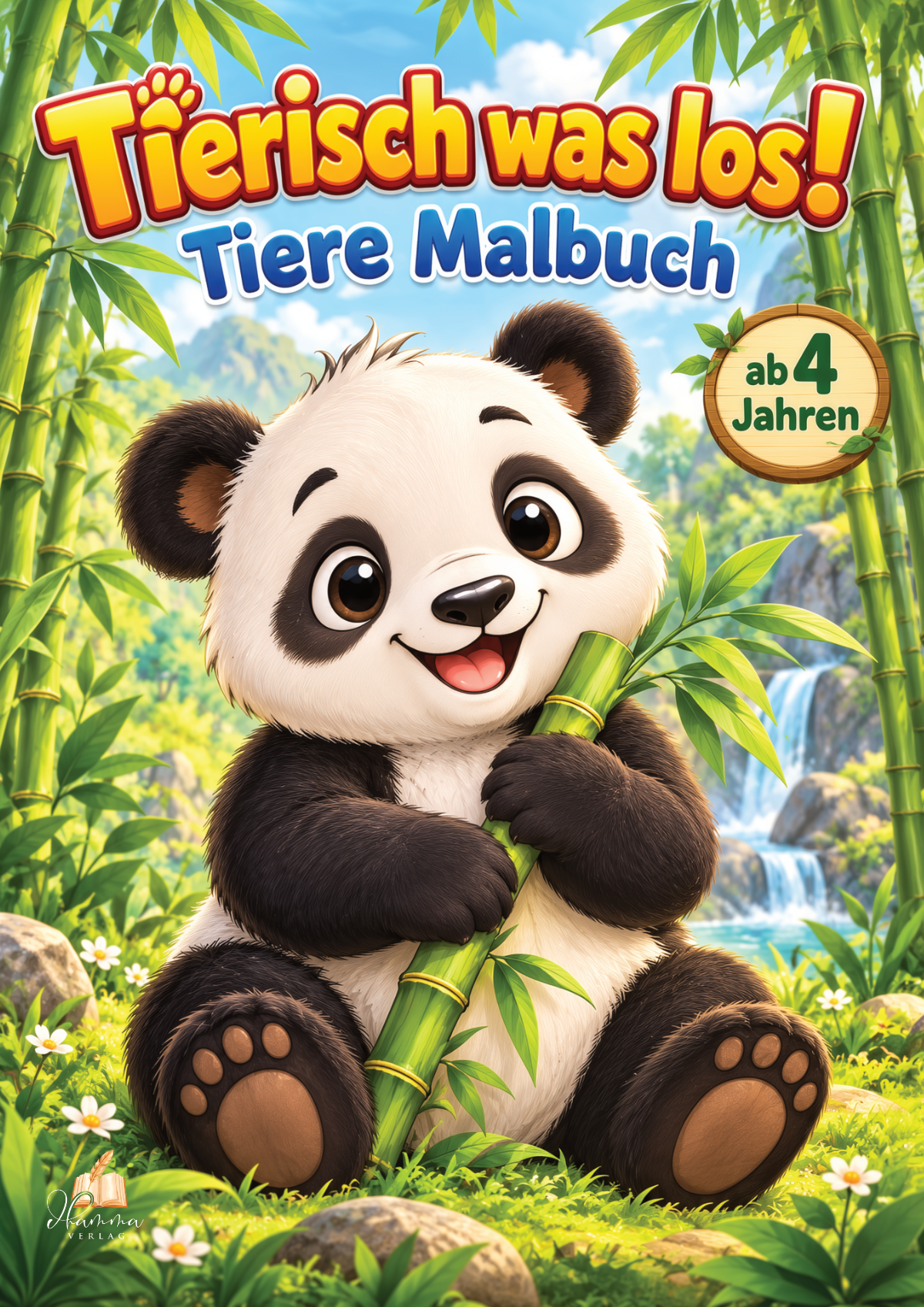 Cover mit fröhlichem Panda im grünen Dschungel vor Wasserfall und Bambus