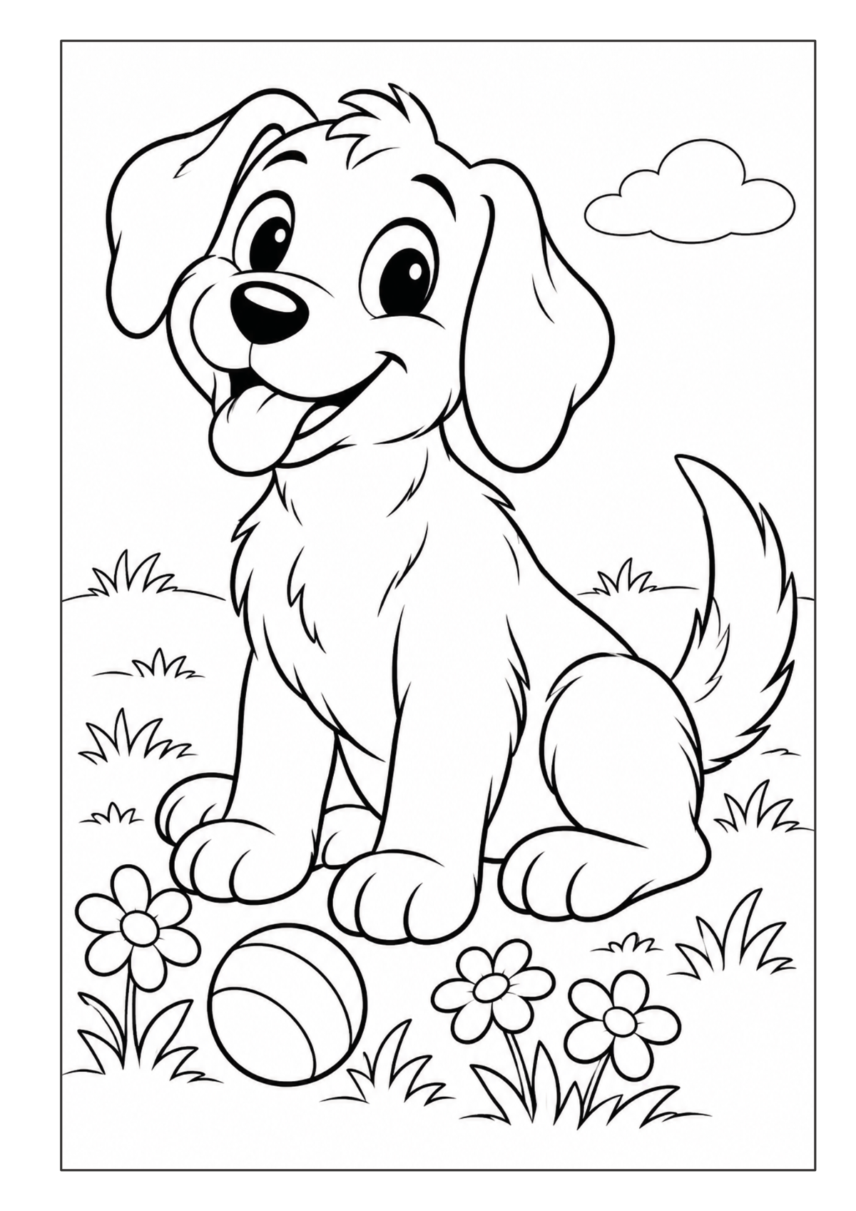 Sitzender Hund mit Ball auf einer Blumenwiese