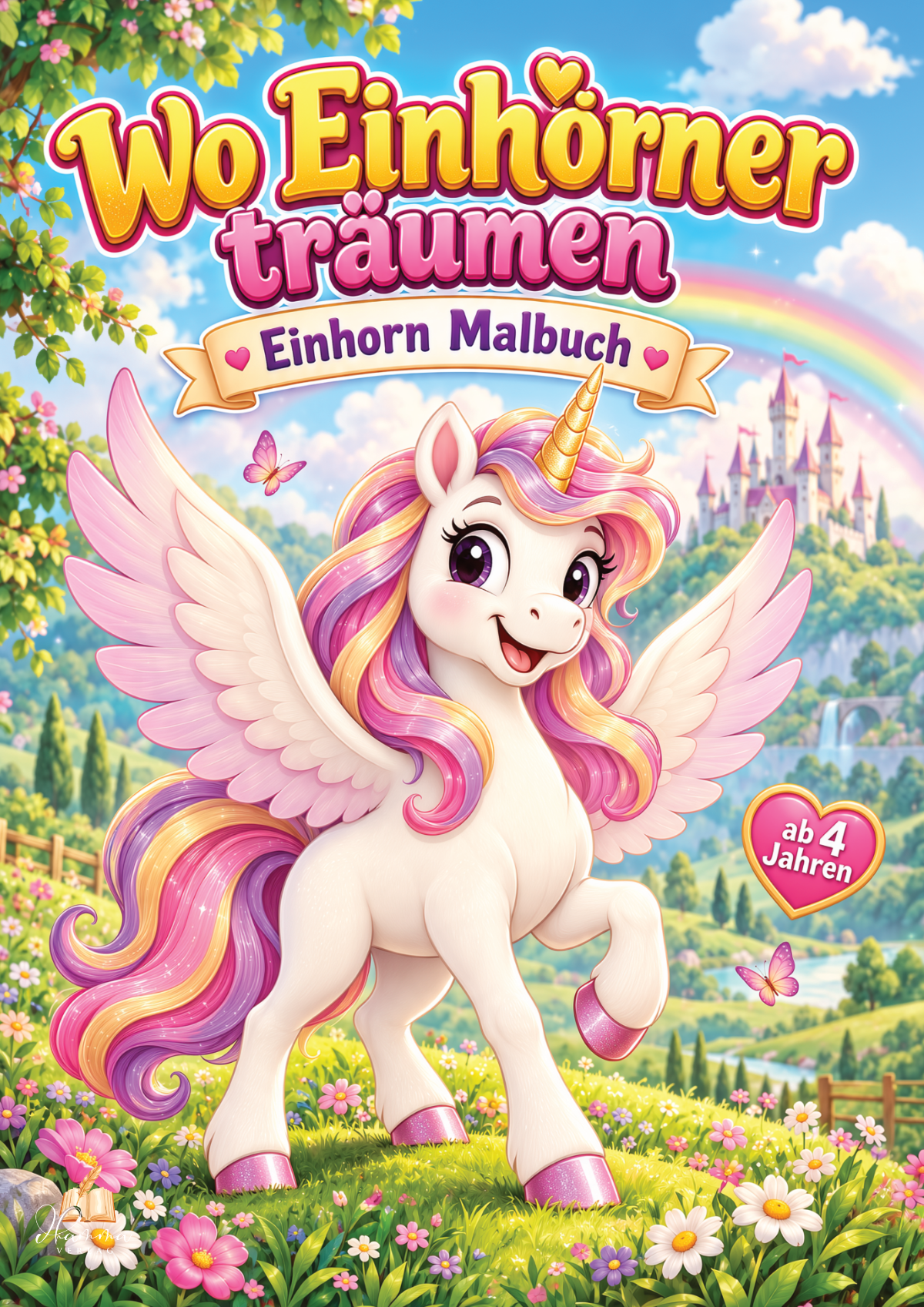 Cover mit geflügeltem Einhorn auf einer Blumenwiese vor Regenbogen, Wasserfall und Märchenschloss