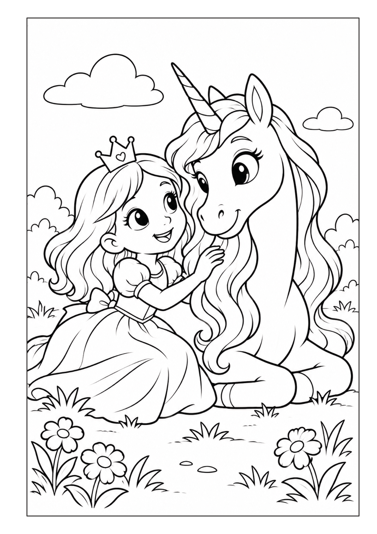 Kleine Prinzessin sitzt neben einem Einhorn auf einer Blumenwiese