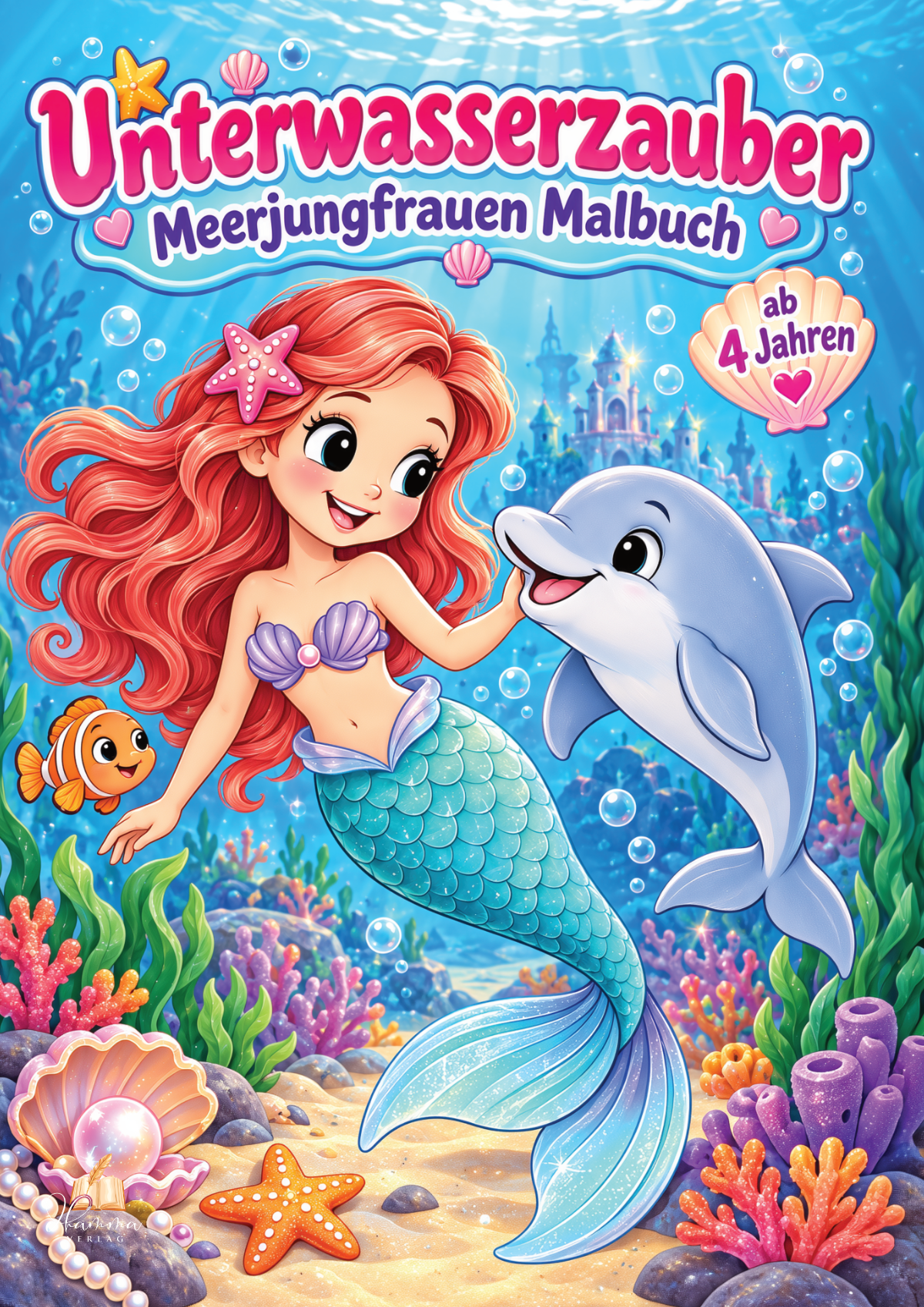 Cover mit fröhlicher Meerjungfrau und Delfin vor Korallenriff, Muscheln und Unterwasserpalast