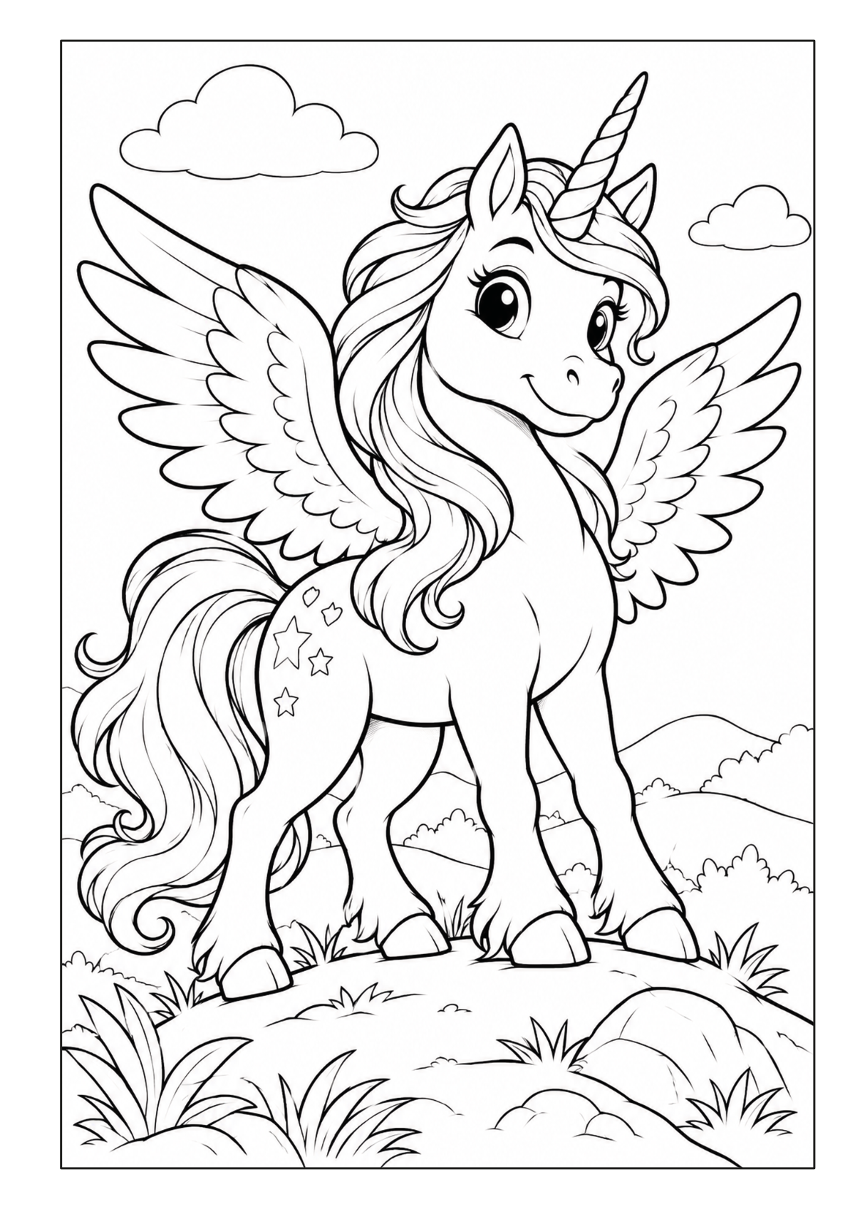 Geflügeltes Einhorn steht auf einer Wiese unter Wolken